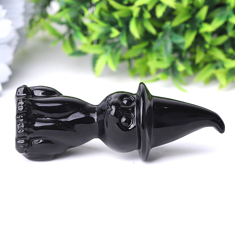3.8 inch Black Obsidian Crystal Cat Figurine with Wizard Hat