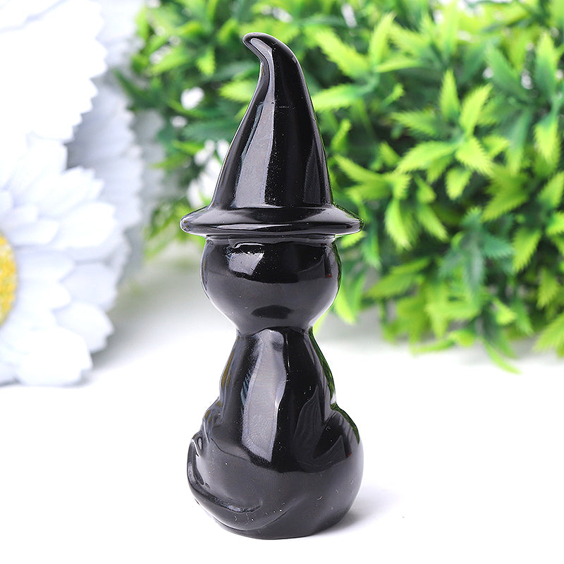 3.8 inch Black Obsidian Crystal Cat Figurine with Wizard Hat