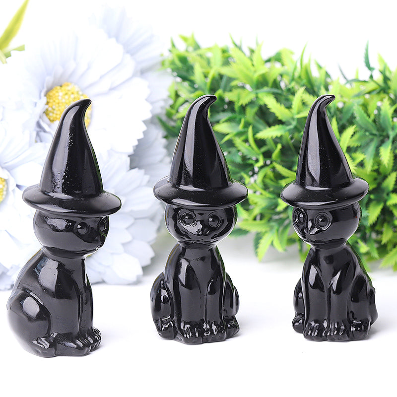 3.8 inch Black Obsidian Crystal Cat Figurine with Wizard Hat