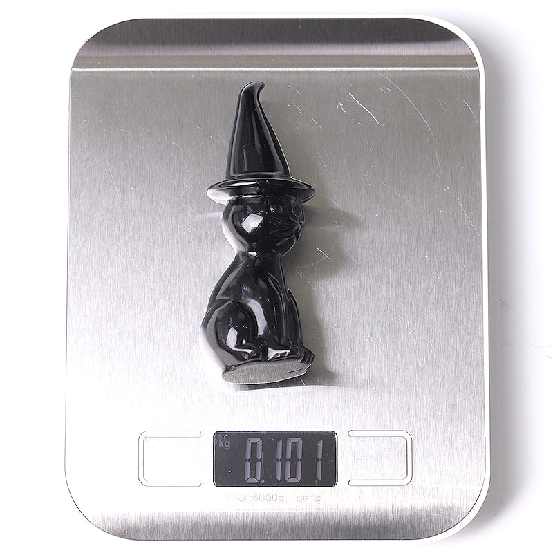 3.8 inch Black Obsidian Crystal Cat Figurine with Wizard Hat