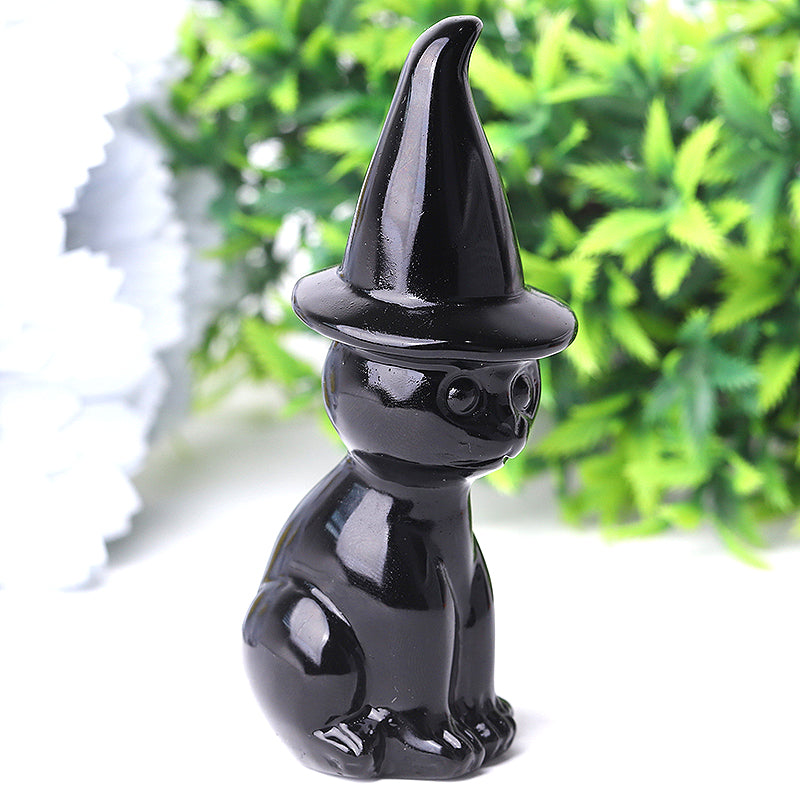 3.8 inch Black Obsidian Crystal Cat Figurine with Wizard Hat