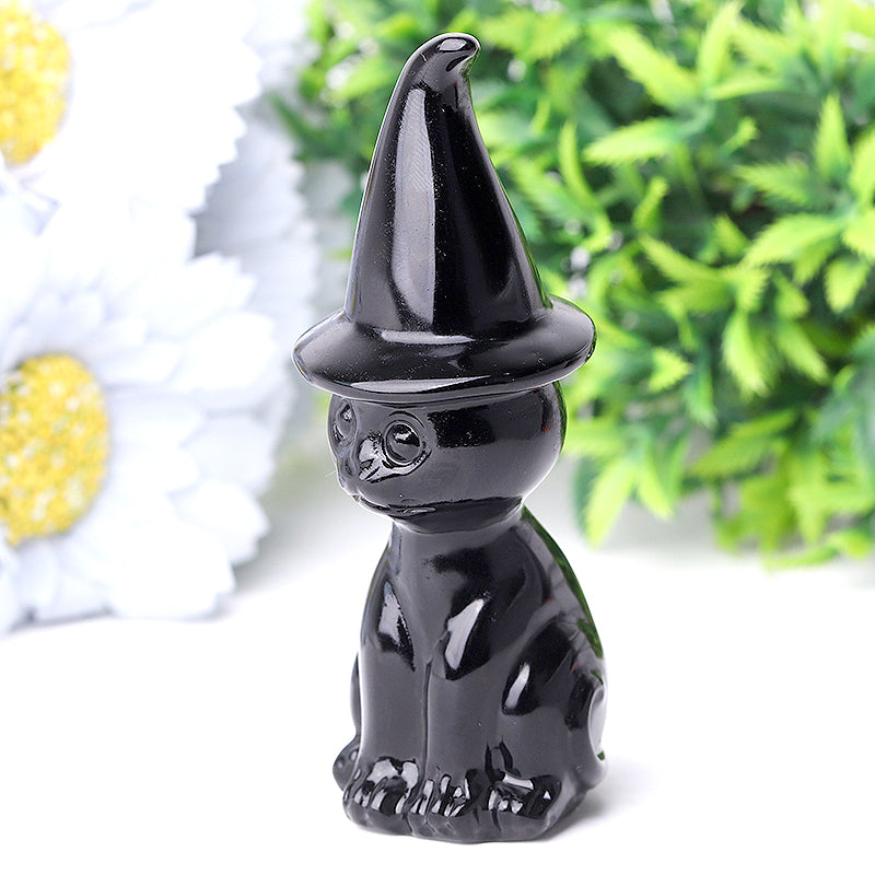 3.8 inch Black Obsidian Crystal Cat Figurine with Wizard Hat