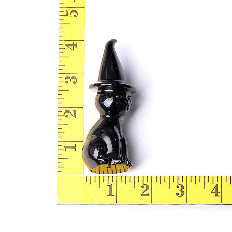 3.8 inch Black Obsidian Crystal Cat Figurine with Wizard Hat