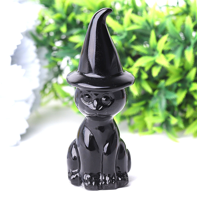 3.8 inch Black Obsidian Crystal Cat Figurine with Wizard Hat