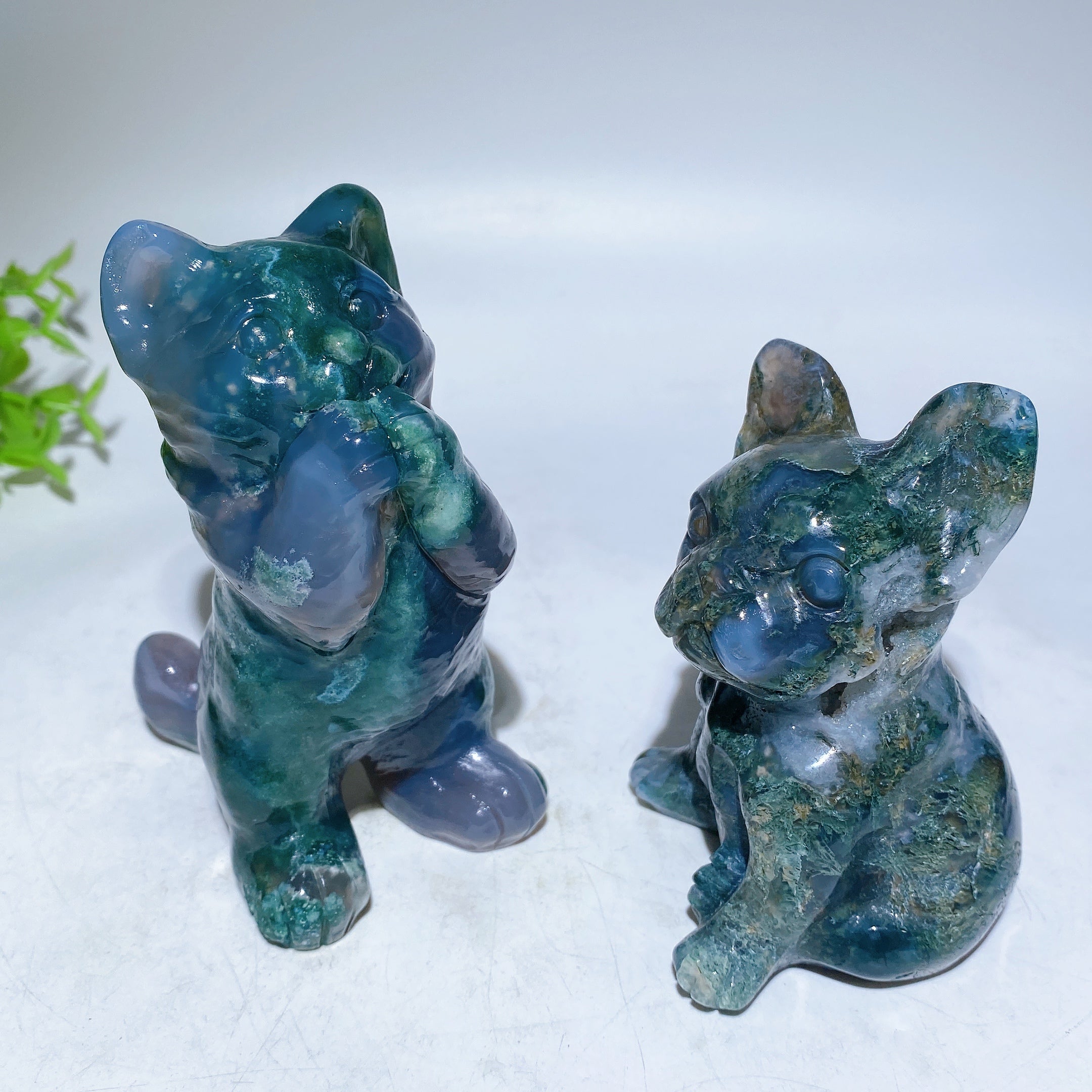 3.8" Moss Agate Dog & 4.5" Cat Crystal Figurines