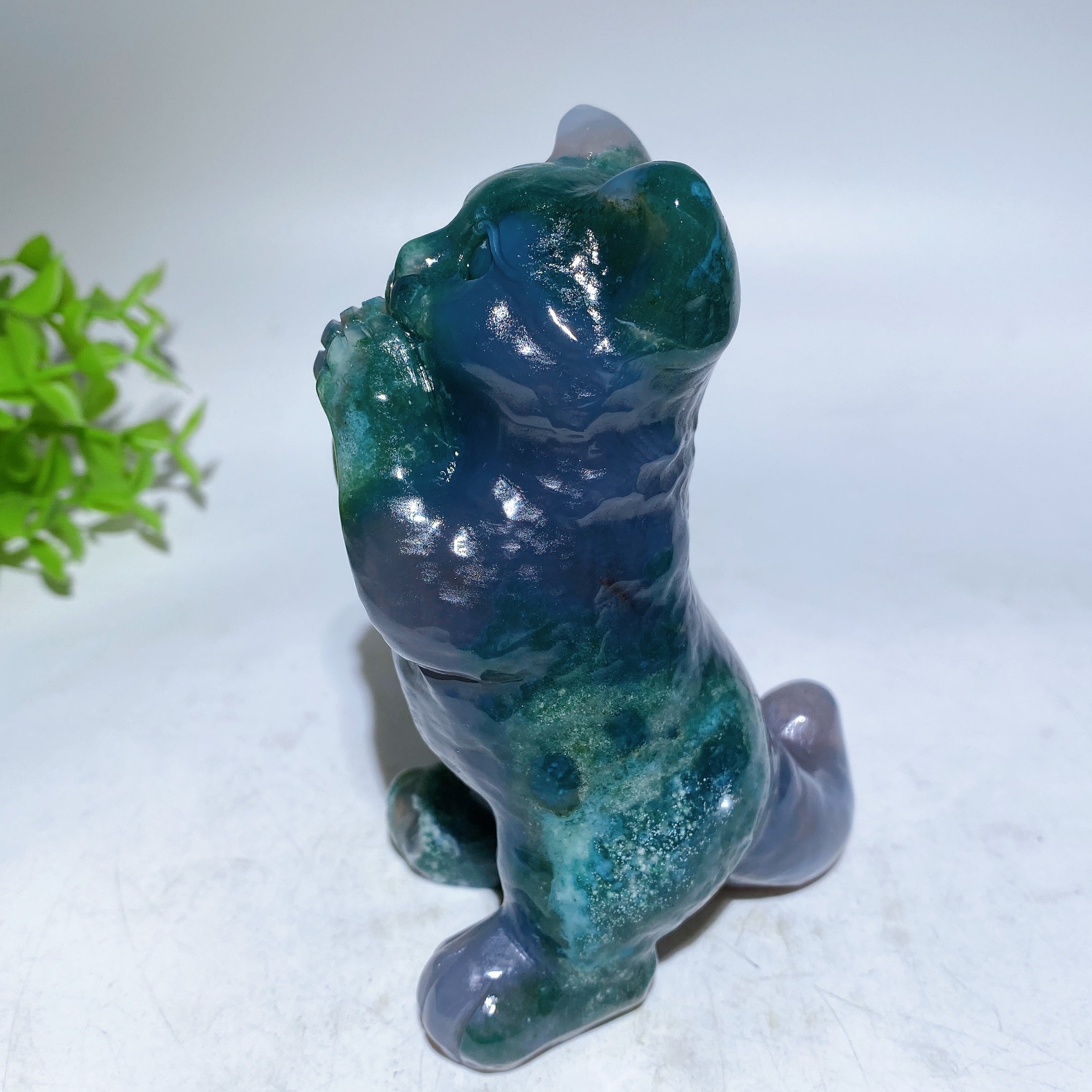 3.8" Moss Agate Dog & 4.5" Cat Crystal Figurines