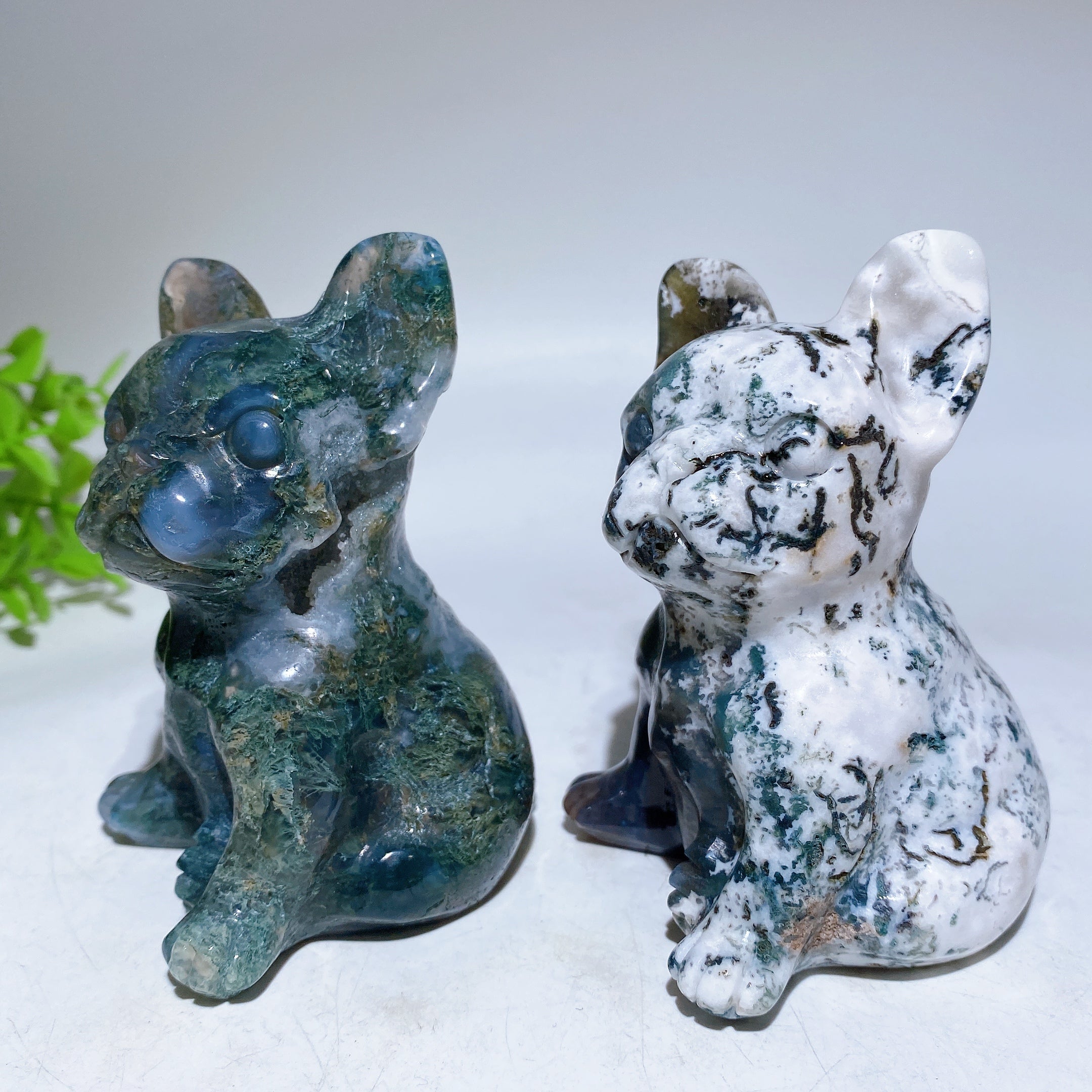 3.8" Moss Agate Dog & 4.5" Cat Crystal Figurines