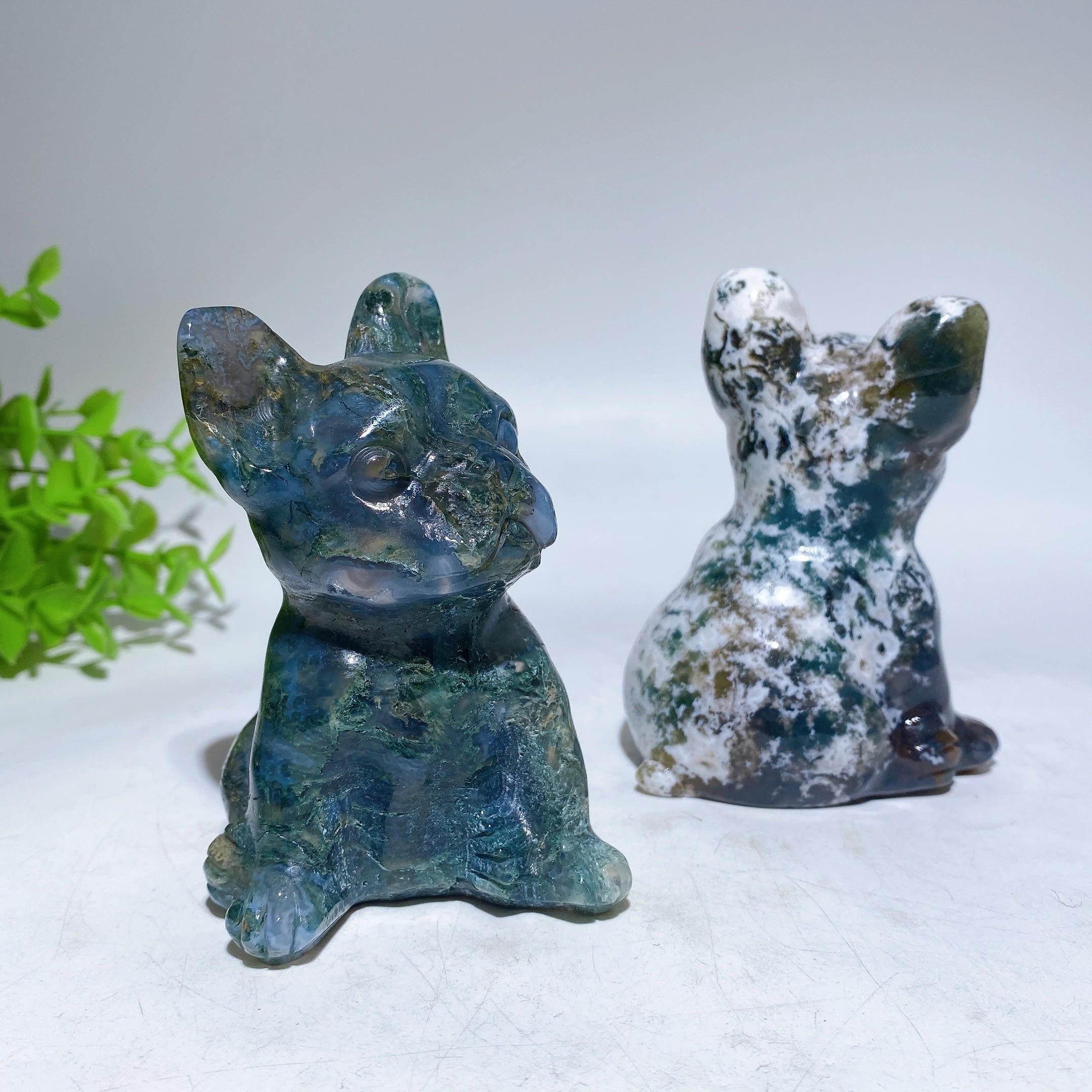 3.8" Moss Agate Dog & 4.5" Cat Crystal Figurines
