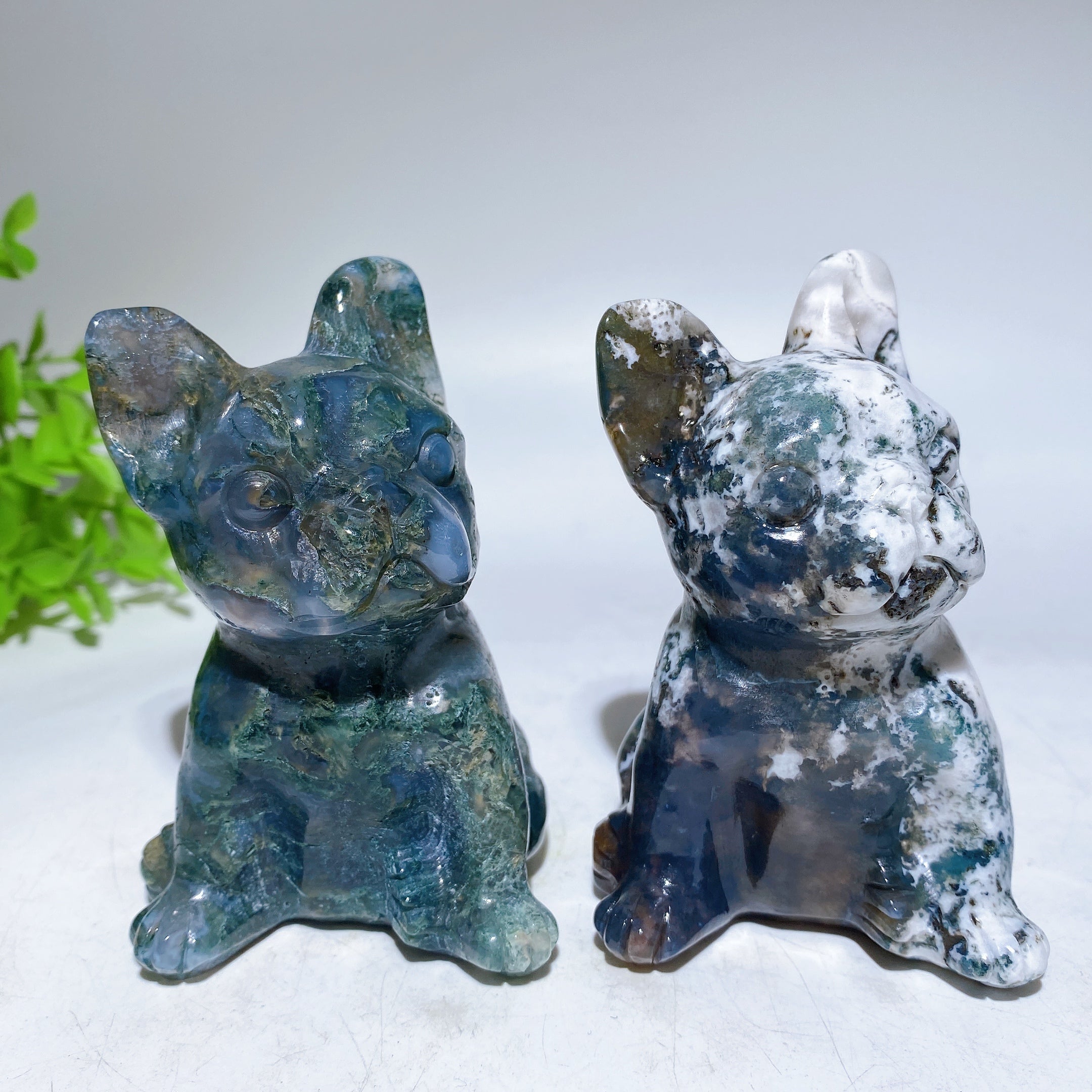 3.8" Moss Agate Dog & 4.5" Cat Crystal Figurines