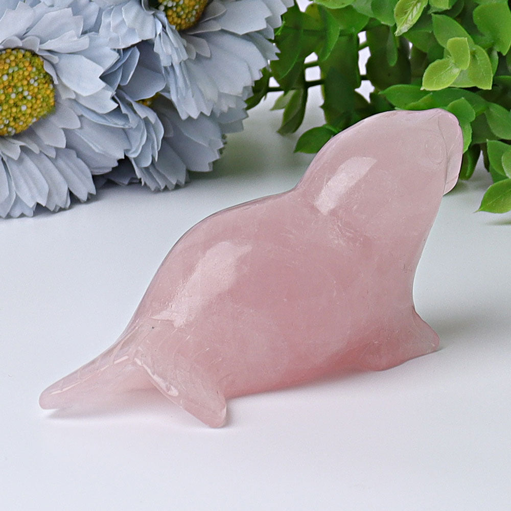 3.8in Rose Quartz Seal Crystal Animal Carving