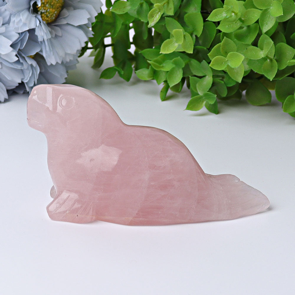 3.8in Rose Quartz Seal Crystal Animal Carving