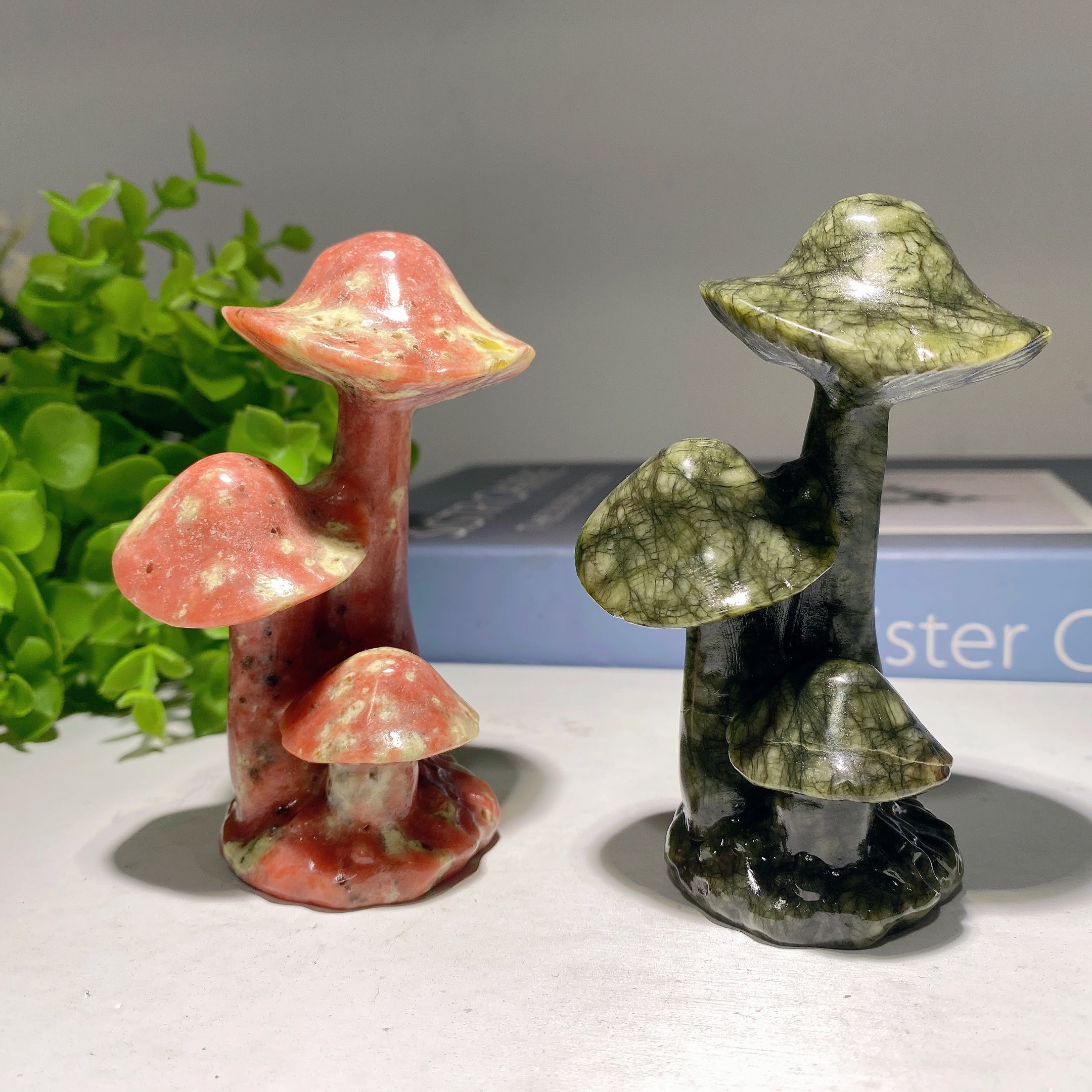3.9in Jade & Serpentine Mushroom Crystal Figurines for Healing