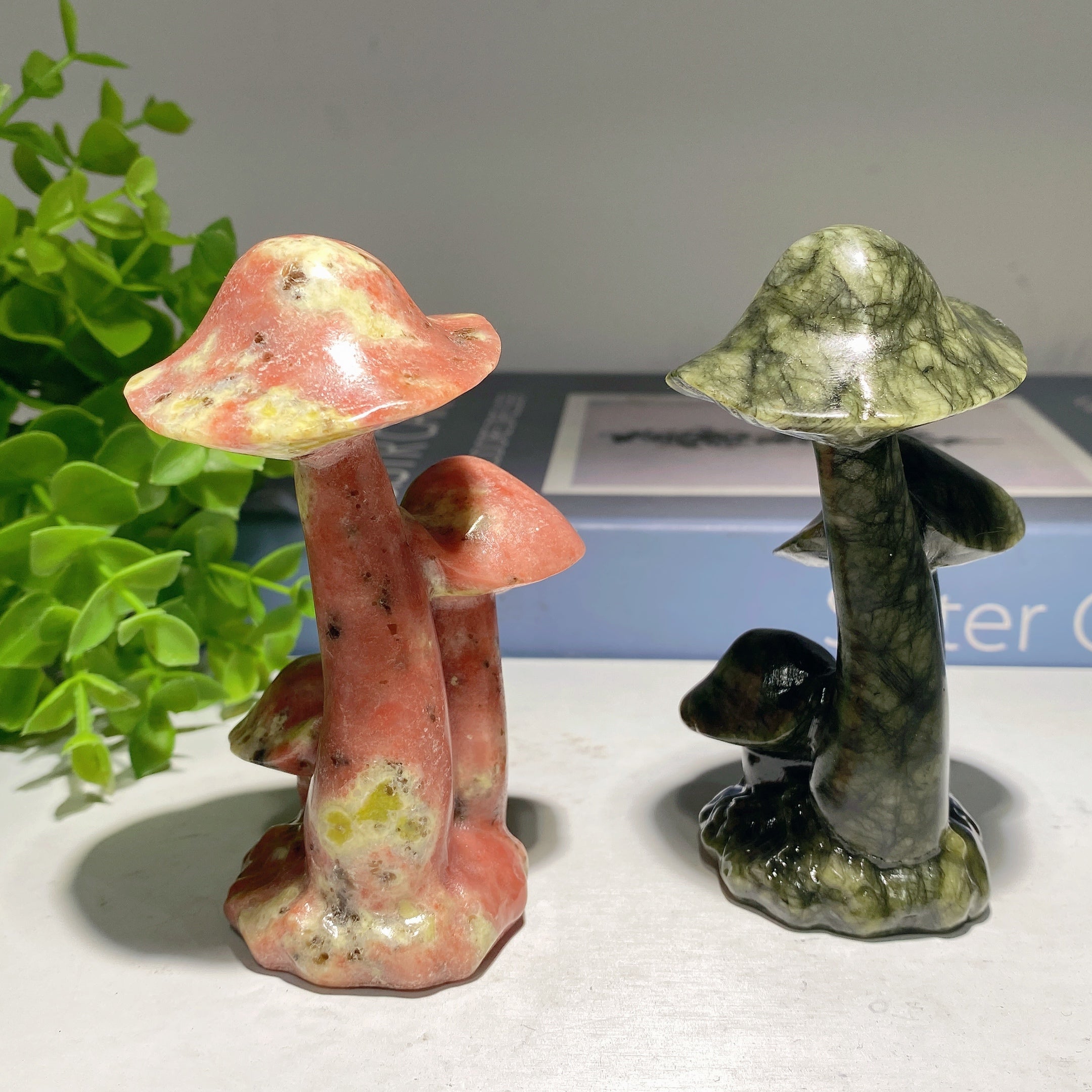 3.9in Jade & Serpentine Mushroom Crystal Figurines for Healing