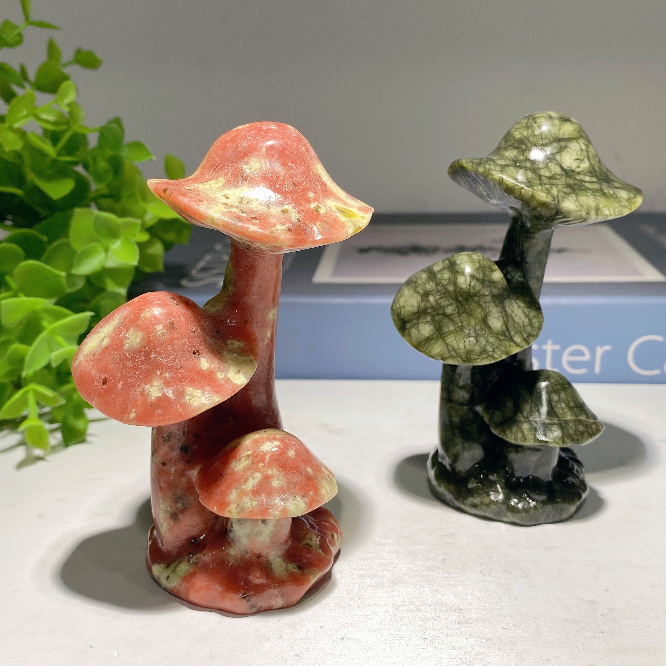 3.9in Jade & Serpentine Mushroom Crystal Figurines for Healing