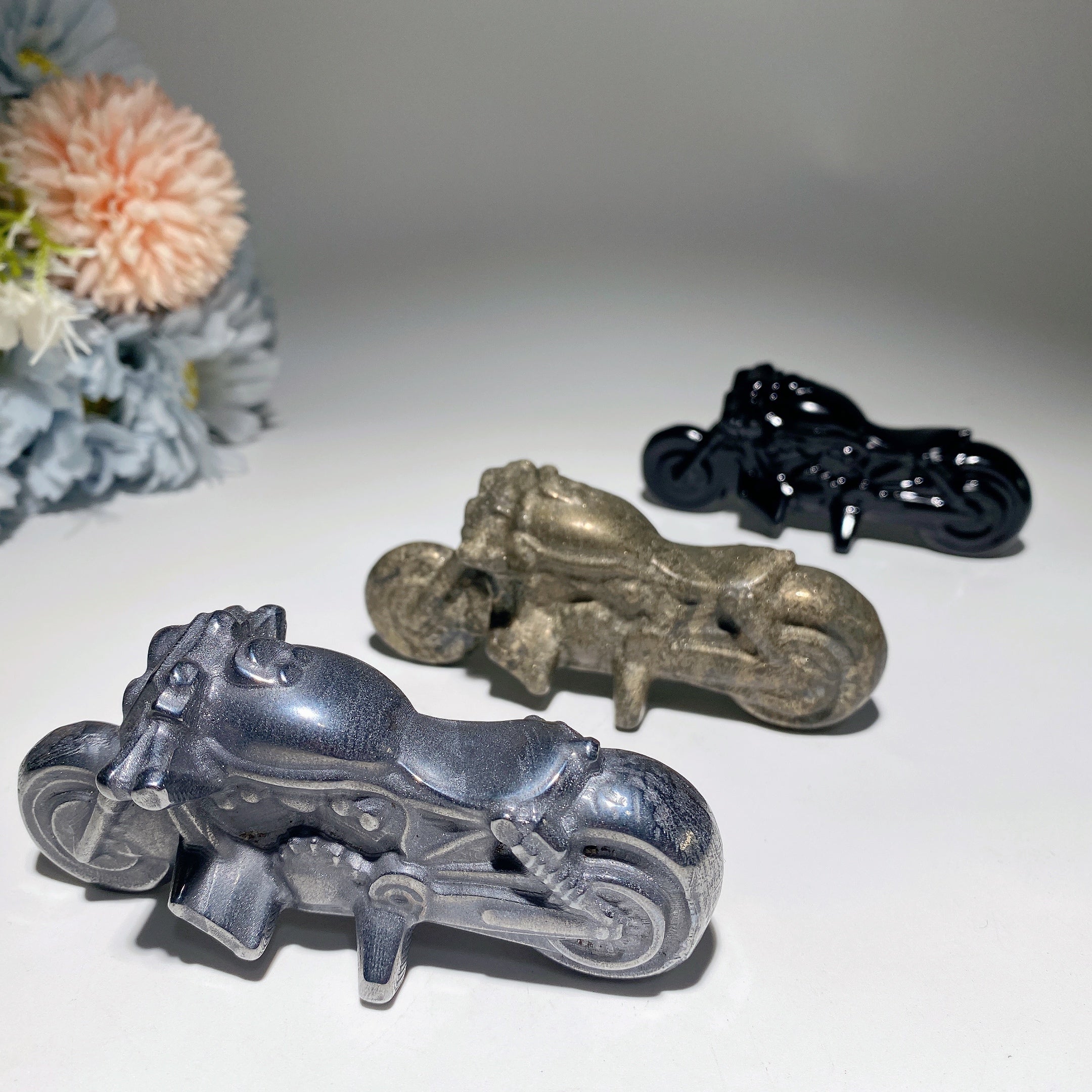 3.9in Pyrite Terahertz Black Obsidian Crystal Motorcycle Figurine