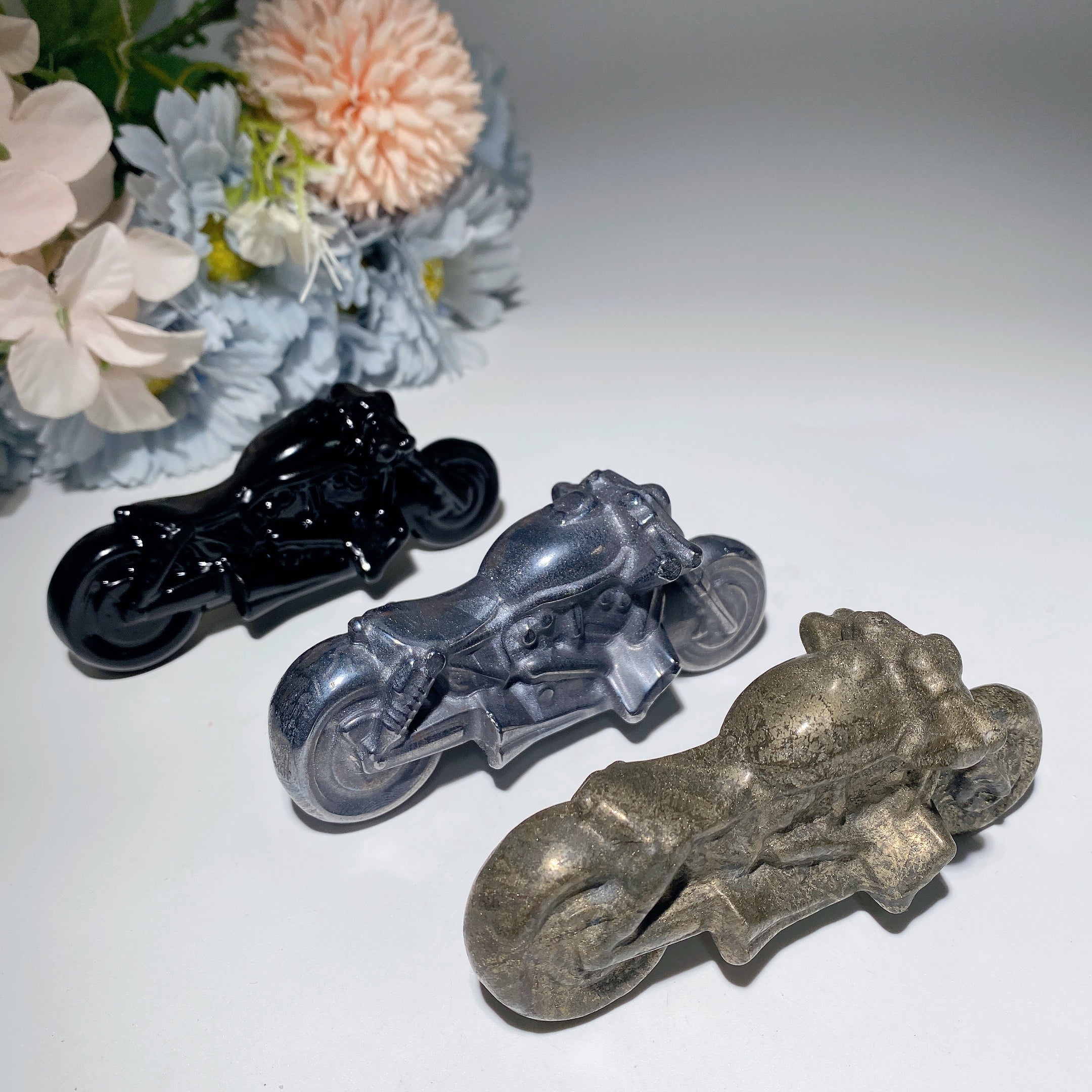 3.9in Pyrite Terahertz Black Obsidian Crystal Motorcycle Figurine