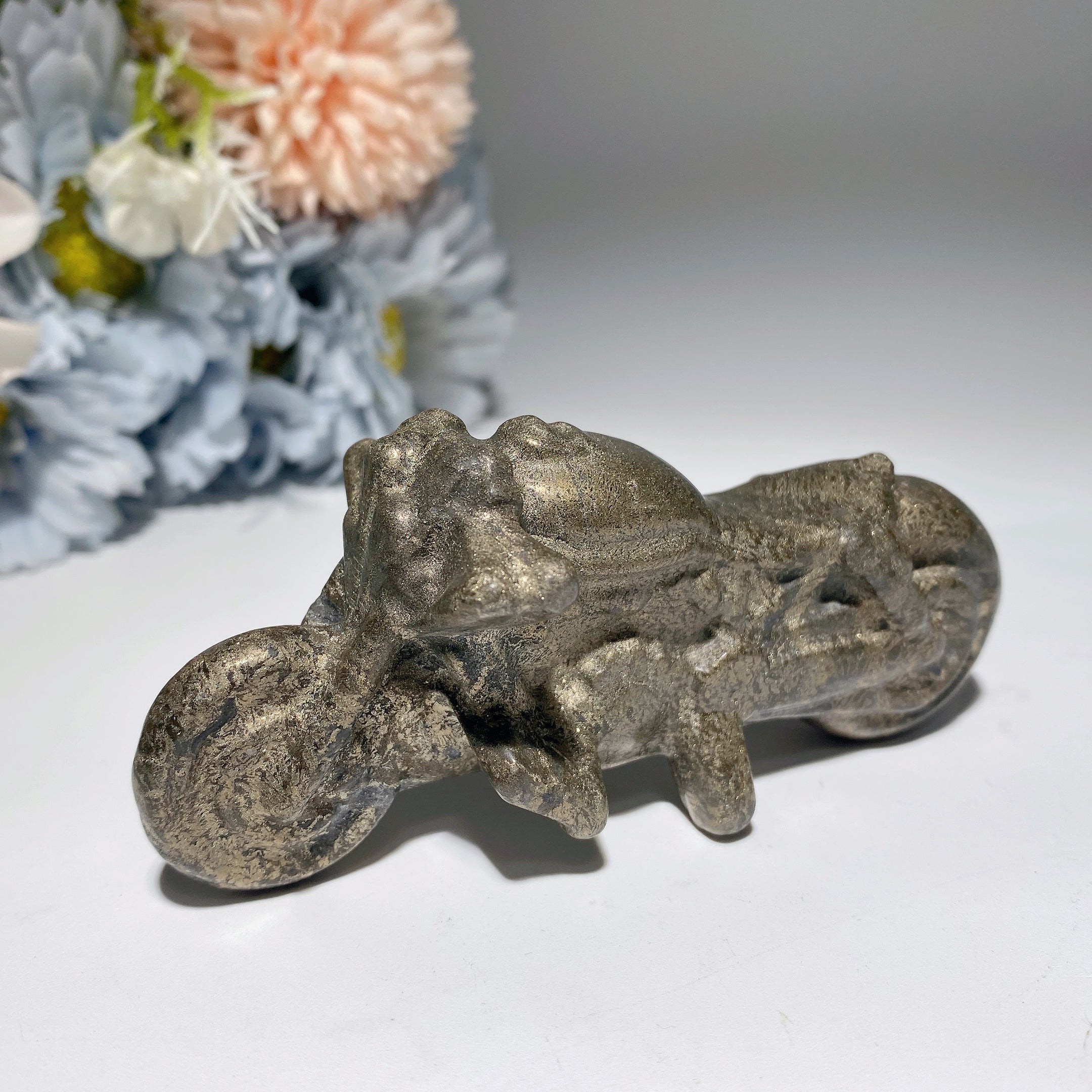 3.9in Pyrite Terahertz Black Obsidian Crystal Motorcycle Figurine
