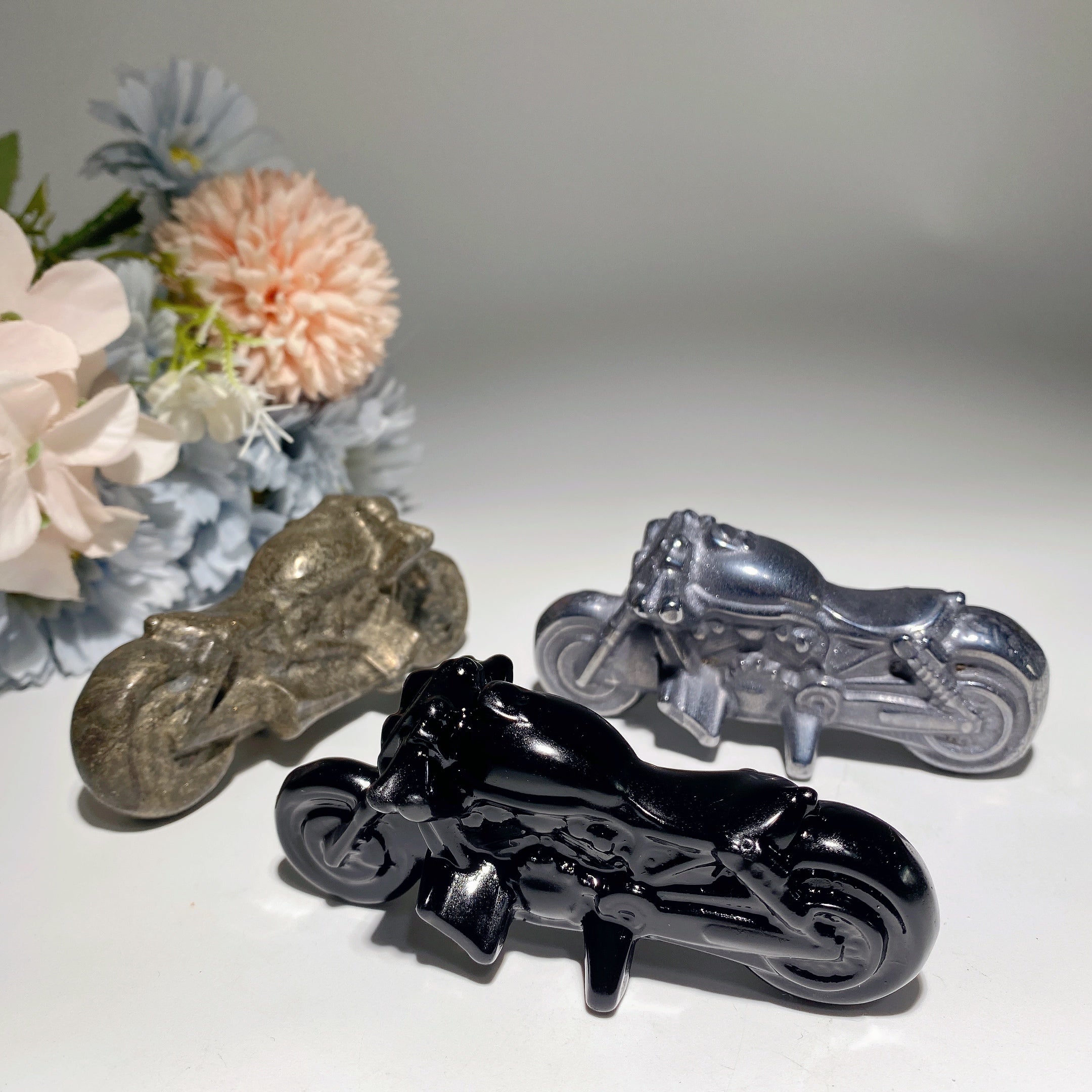 3.9in Pyrite Terahertz Black Obsidian Crystal Motorcycle Figurine
