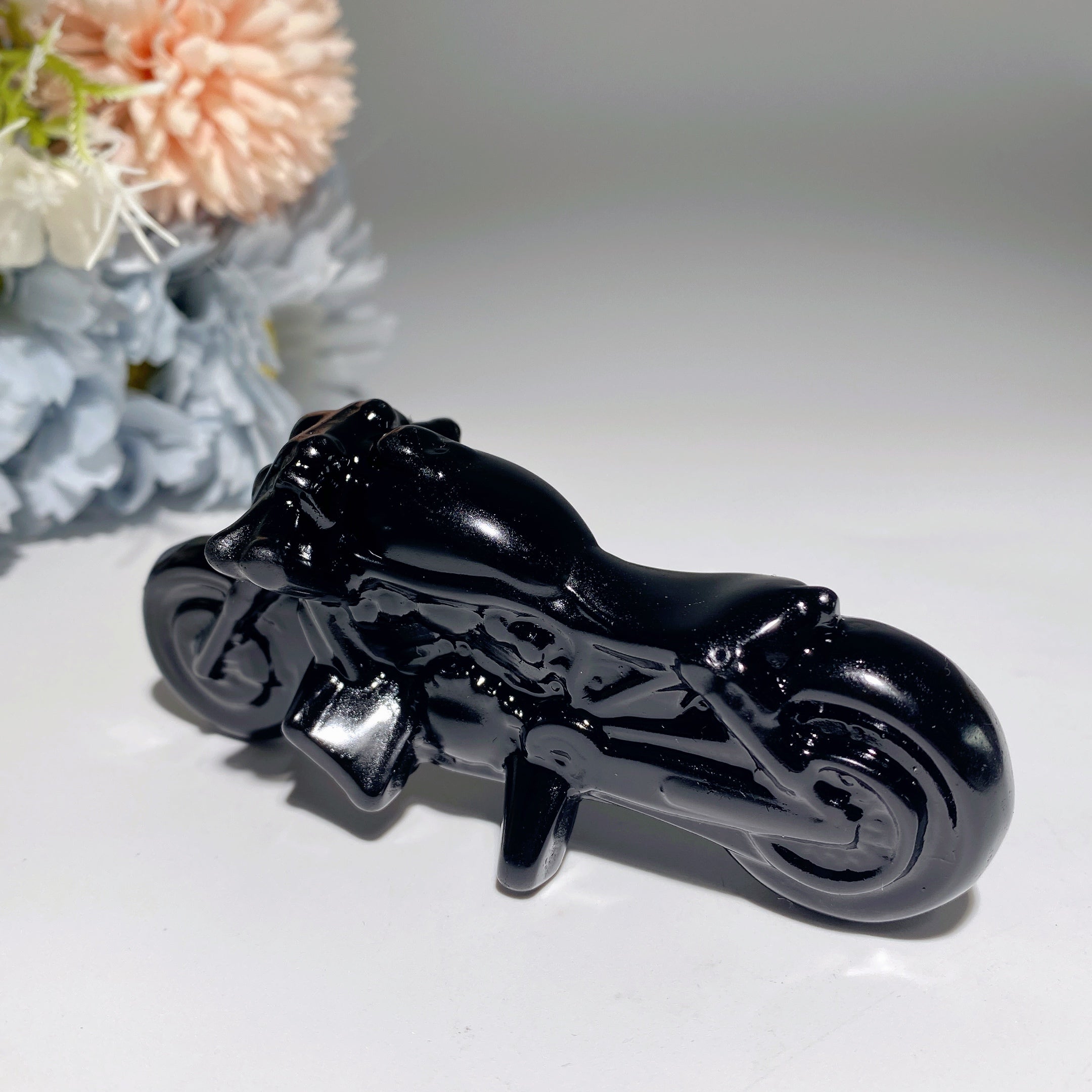 3.9in Pyrite Terahertz Black Obsidian Crystal Motorcycle Figurine