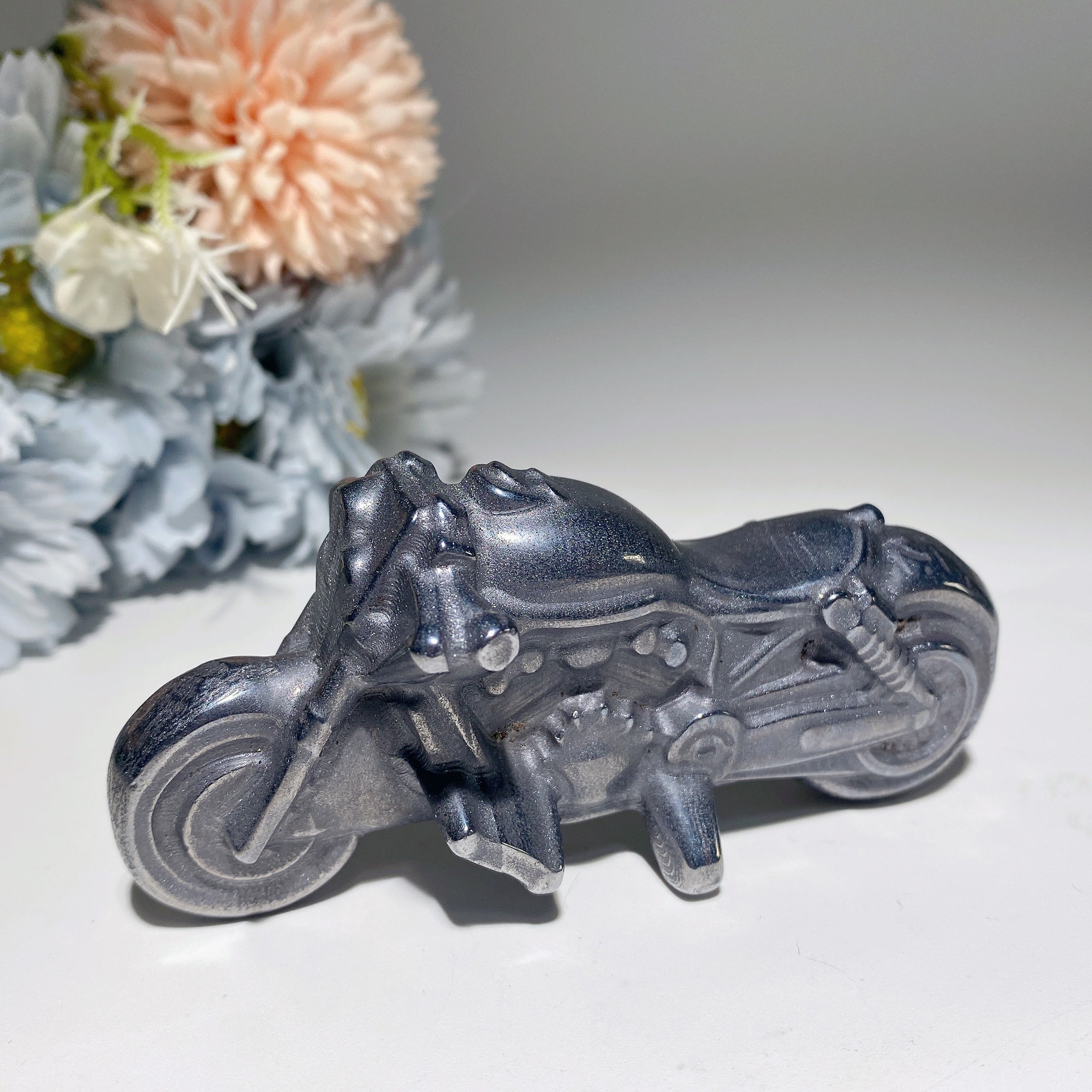 3.9in Pyrite Terahertz Black Obsidian Crystal Motorcycle Figurine