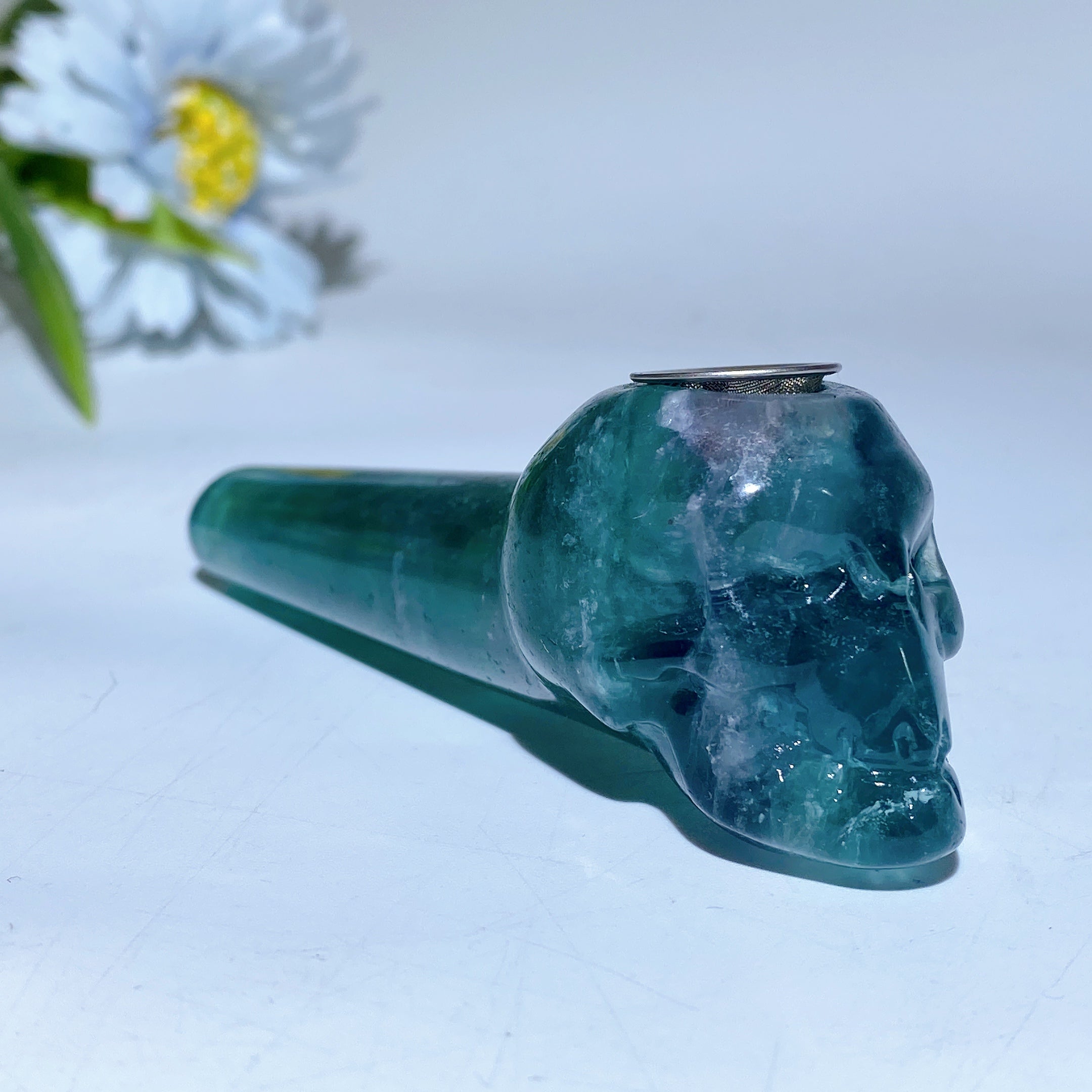 3.9in Yellow Green Purple Fluorite Skull Pipe Figurine