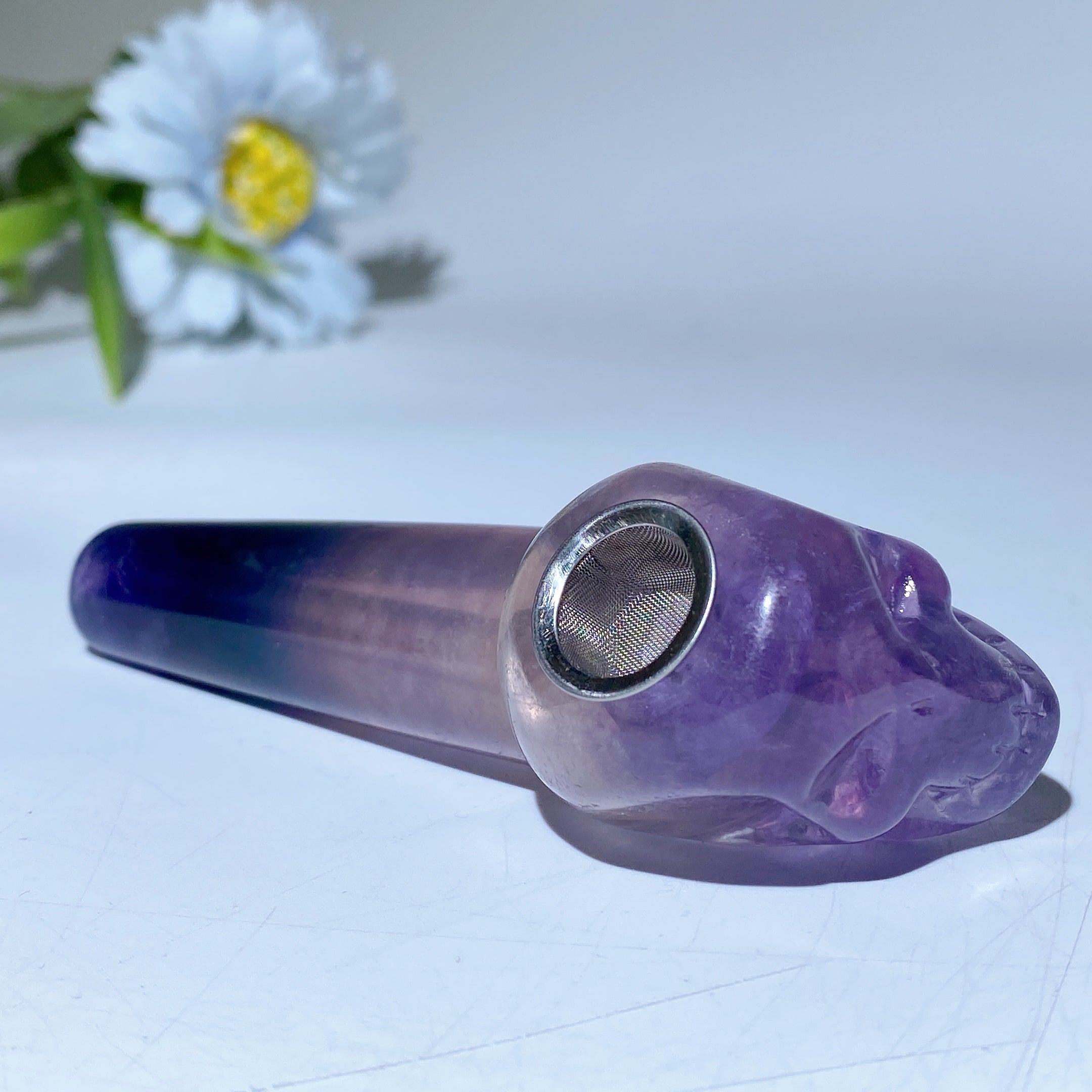 3.9in Yellow Green Purple Fluorite Skull Pipe Figurine
