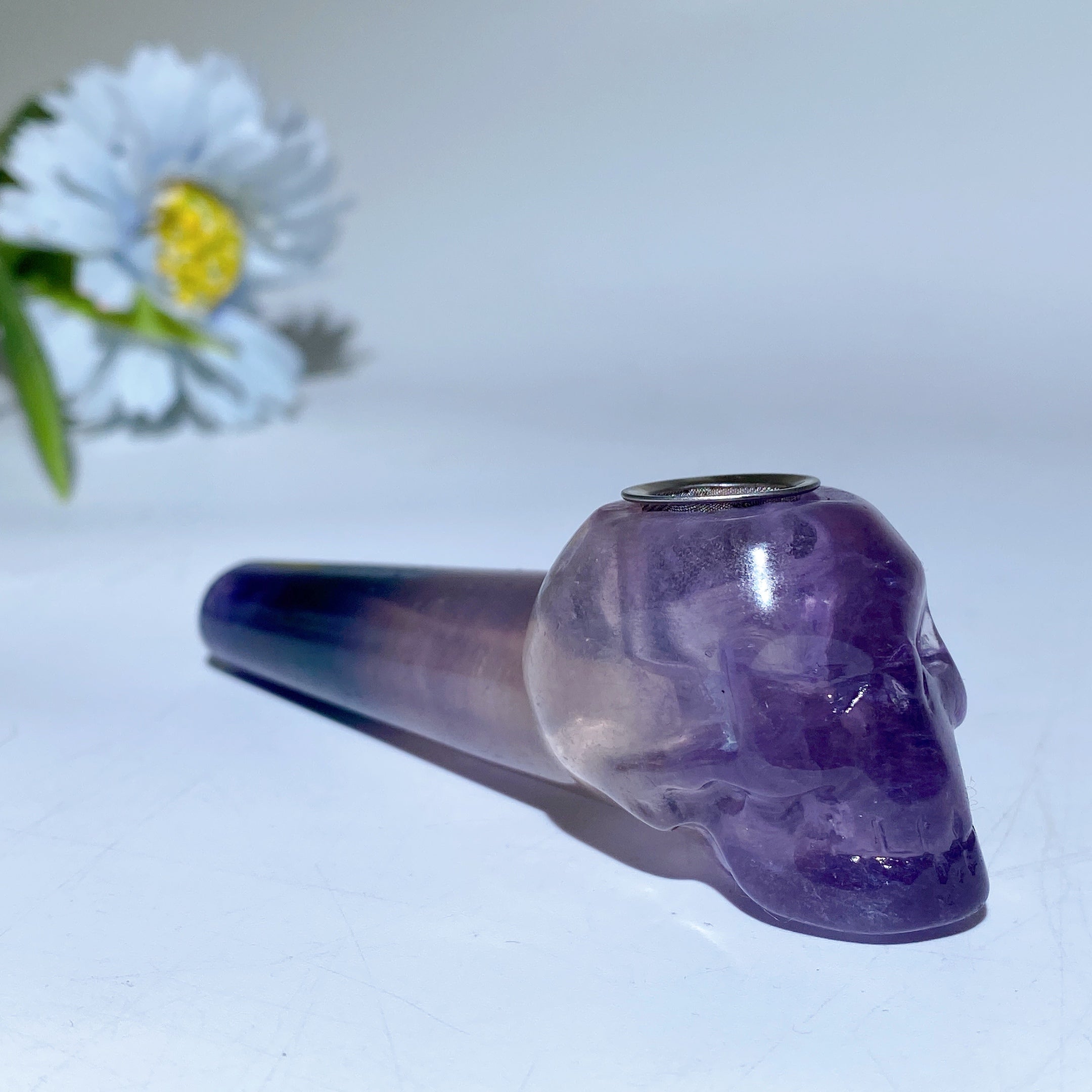 3.9in Yellow Green Purple Fluorite Skull Pipe Figurine