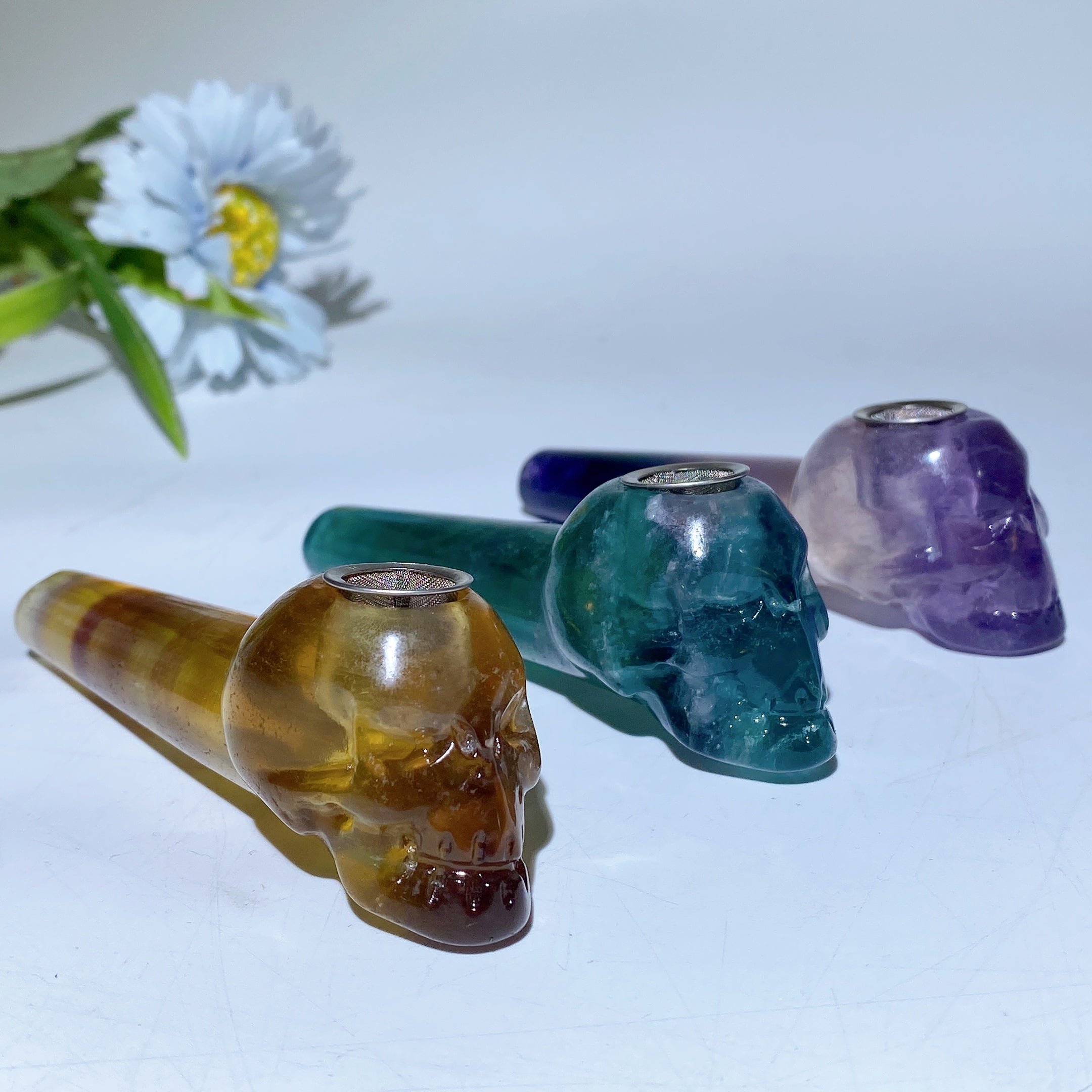 3.9in Yellow Green Purple Fluorite Skull Pipe Figurine