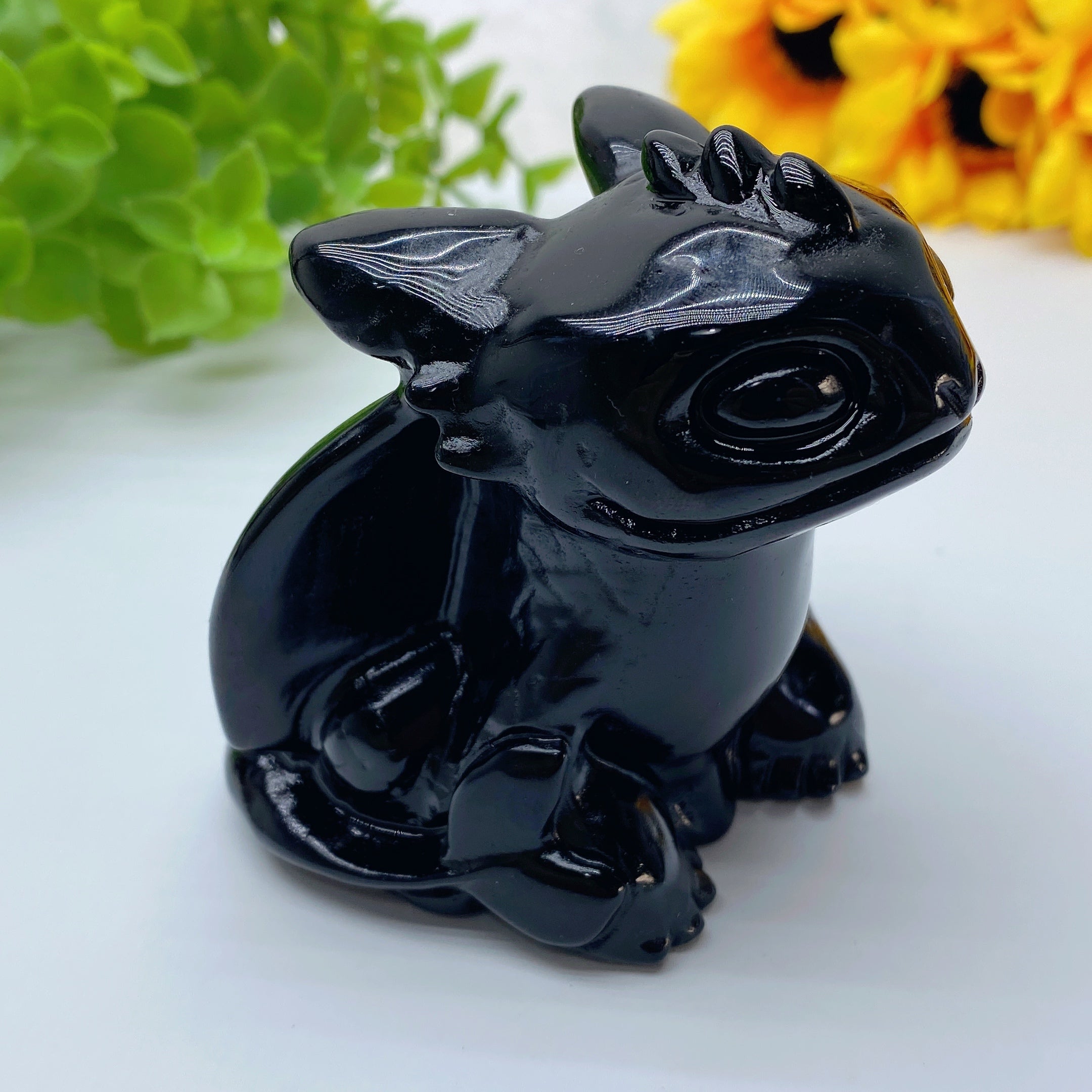 3-inch Black Obsidian Crystal Dragon Carving Figurine