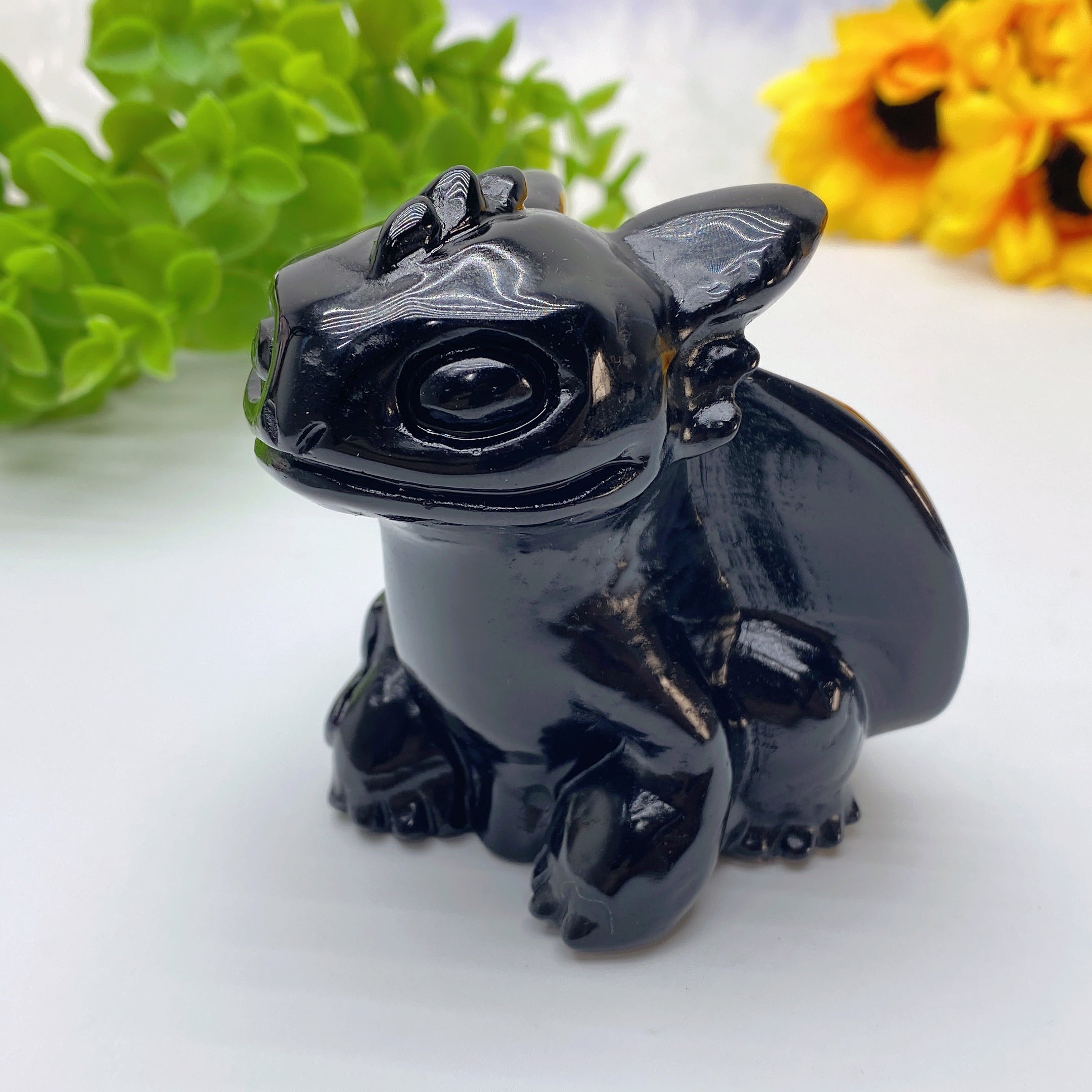 3-inch Black Obsidian Crystal Dragon Carving Figurine