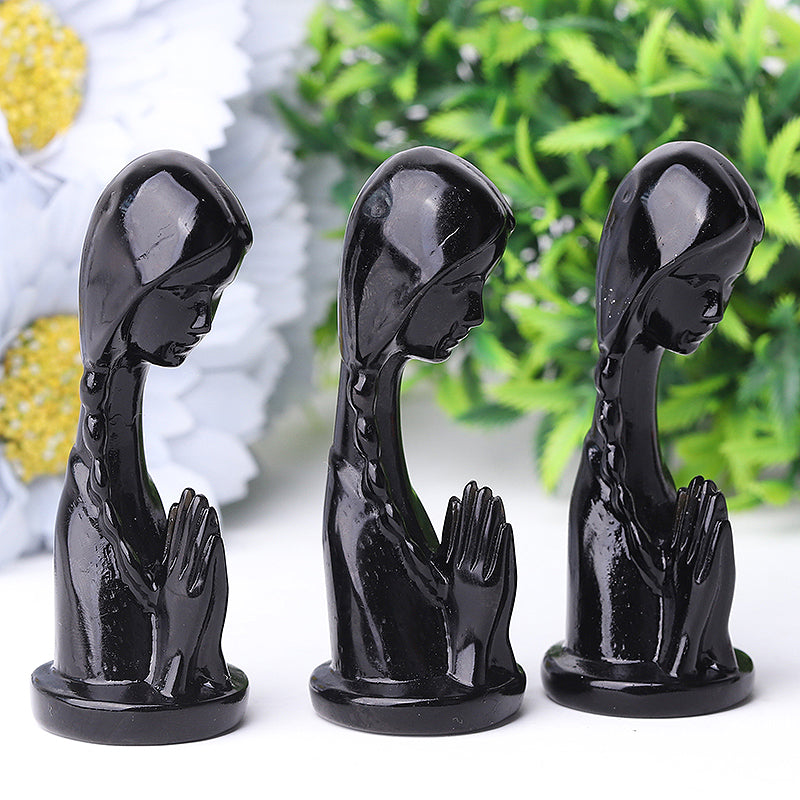3-inch Black Obsidian Woman Prayer Crystal Figurine