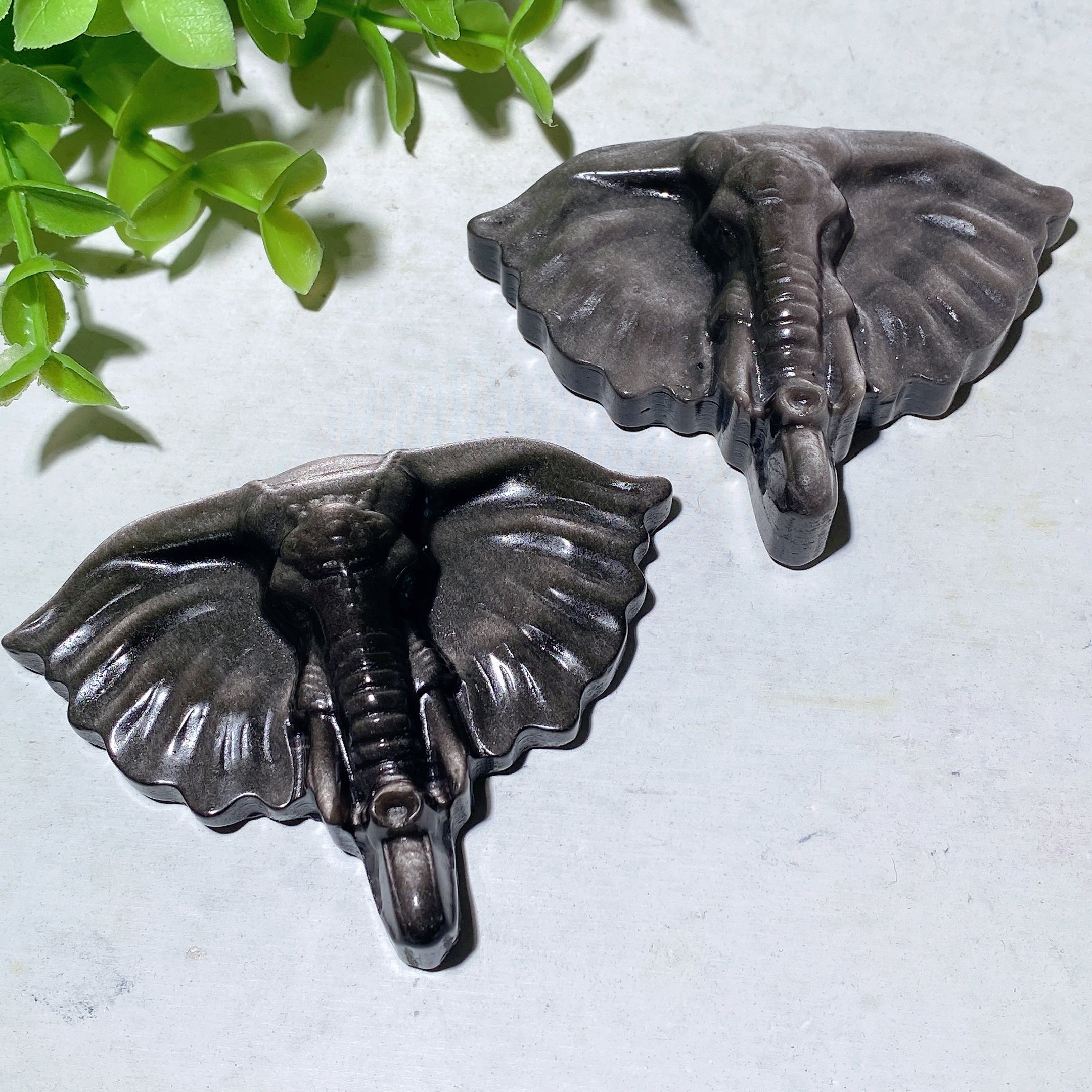 3 Inch Silver Obsidian Crystal Elephant Carving