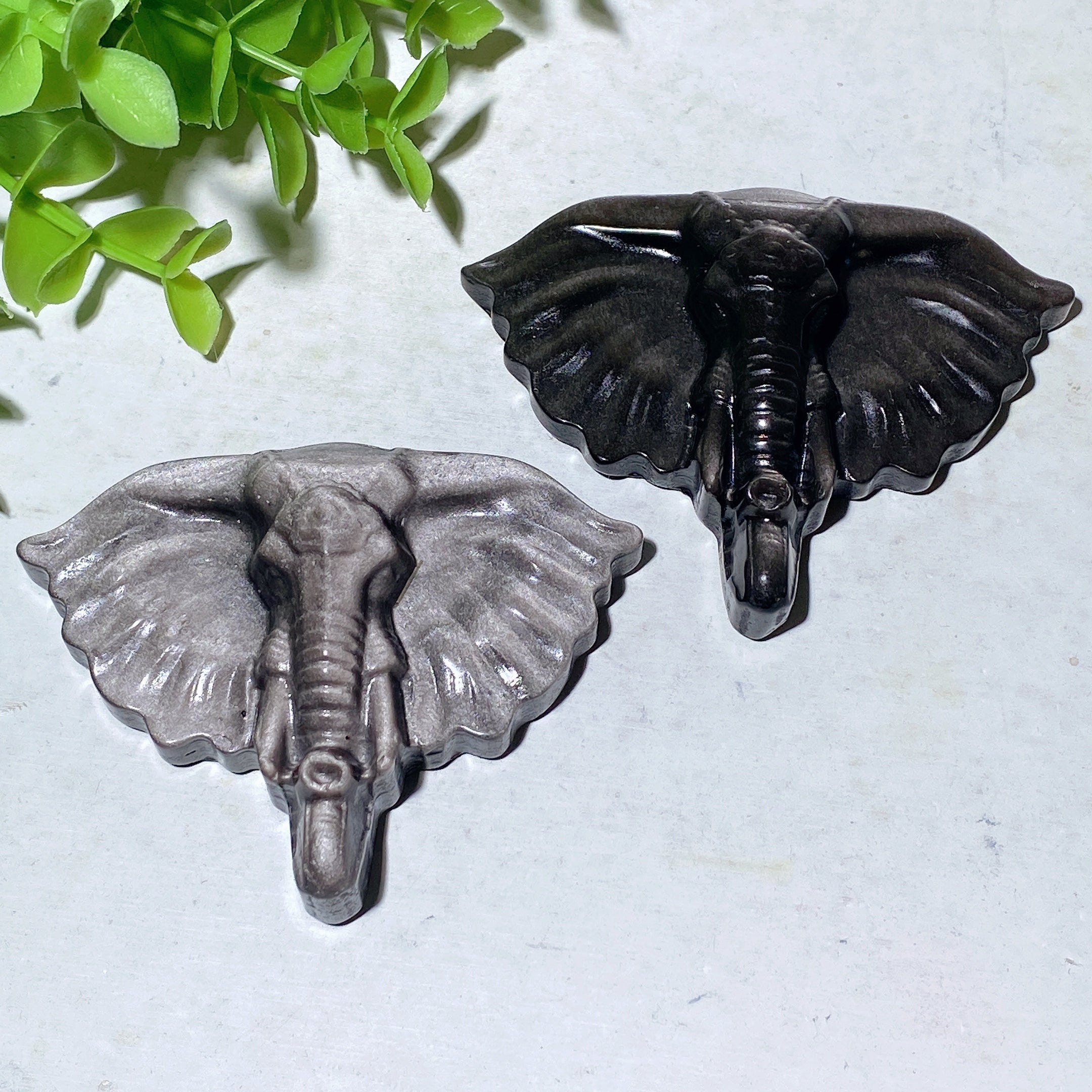 3 Inch Silver Obsidian Crystal Elephant Carving
