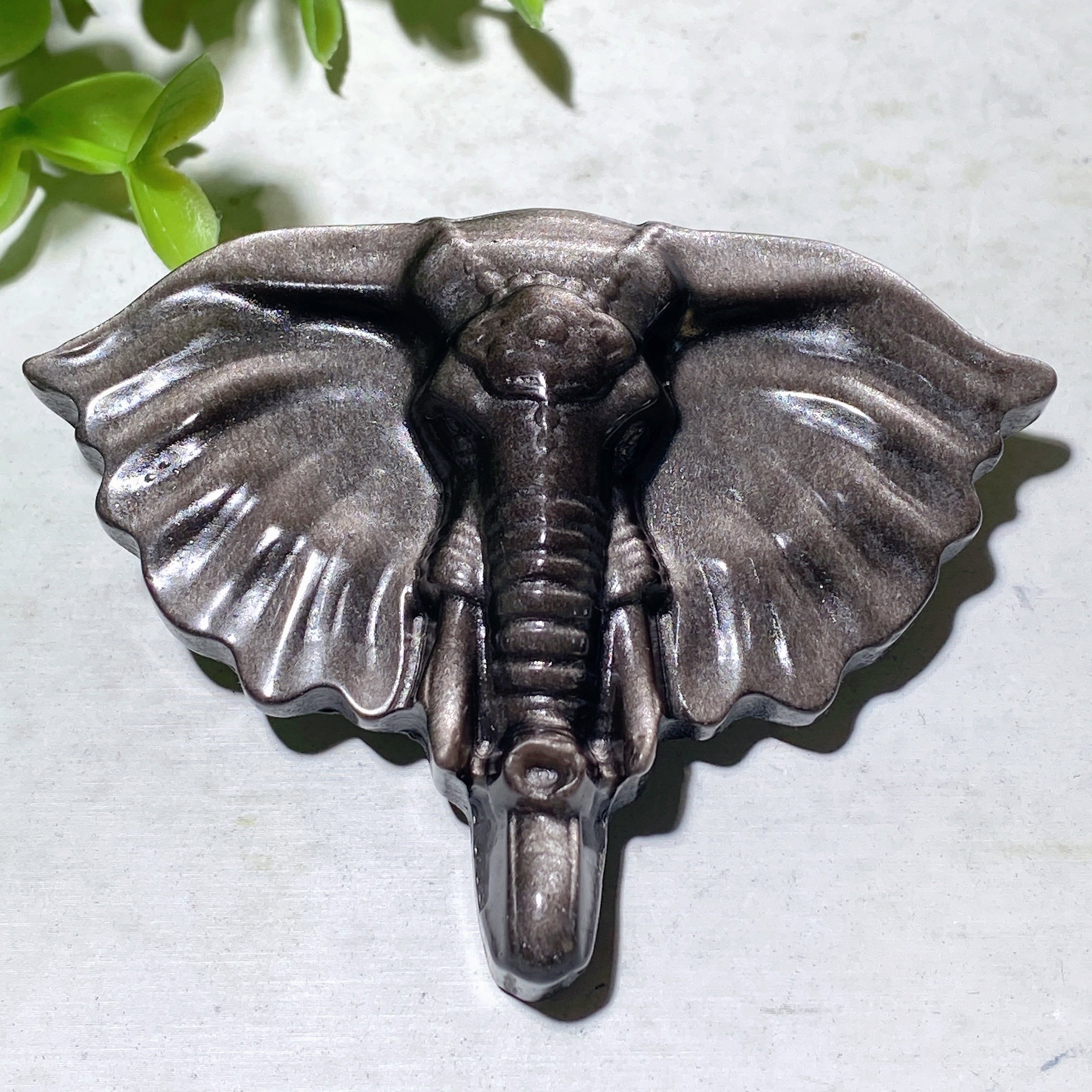 3 Inch Silver Obsidian Crystal Elephant Carving