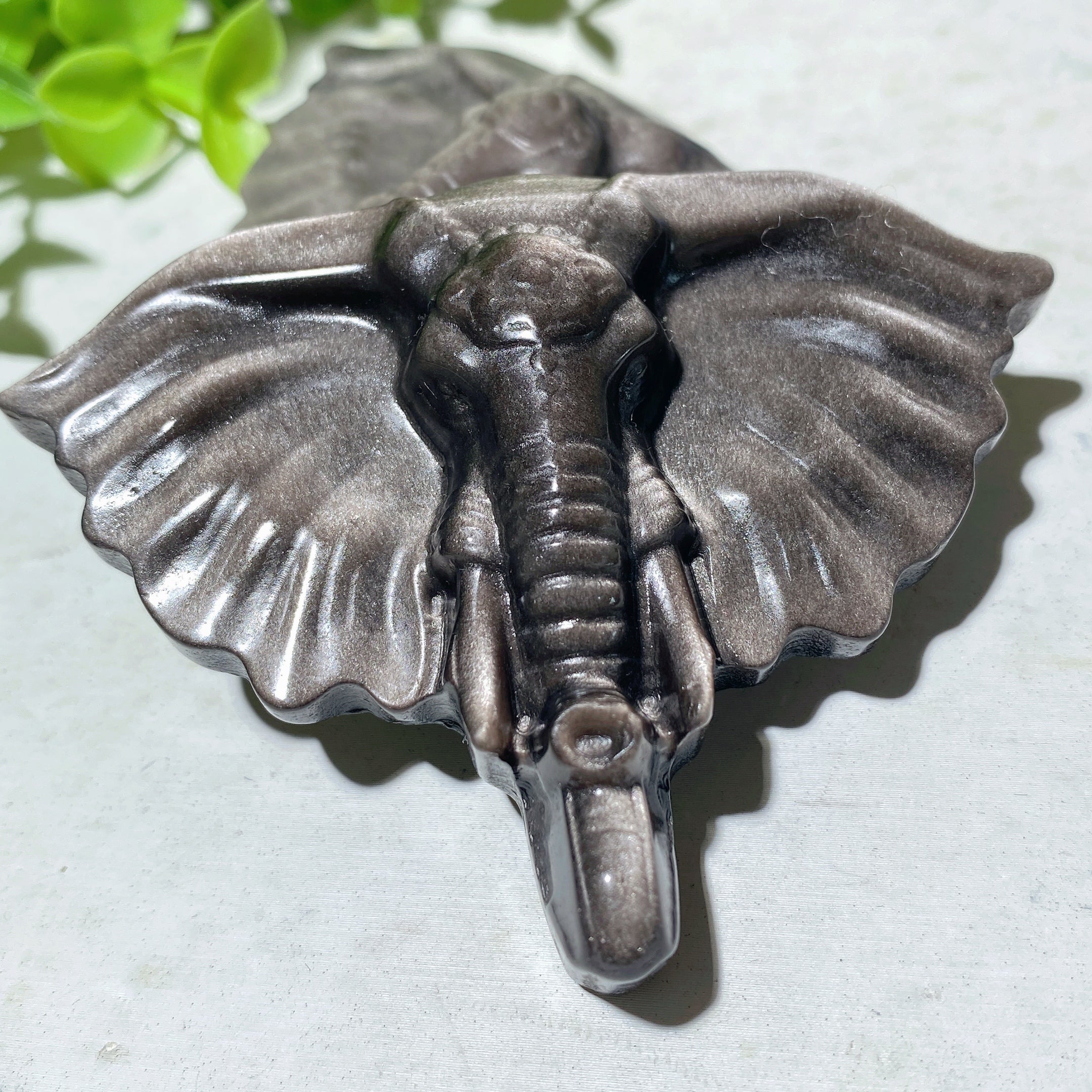 3 Inch Silver Obsidian Crystal Elephant Carving