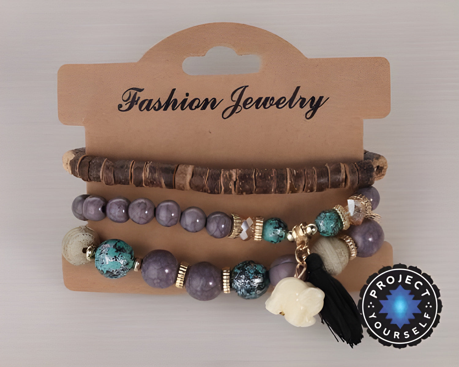 3-Piece Stone and Wood Beads Elephant Charm Boho Bracelet Set