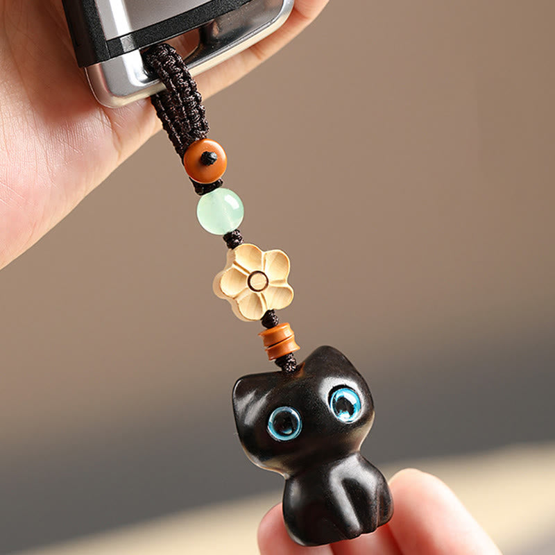 Ebony Wood Lucky Cat Key Chain for Spiritual Peace & Balance