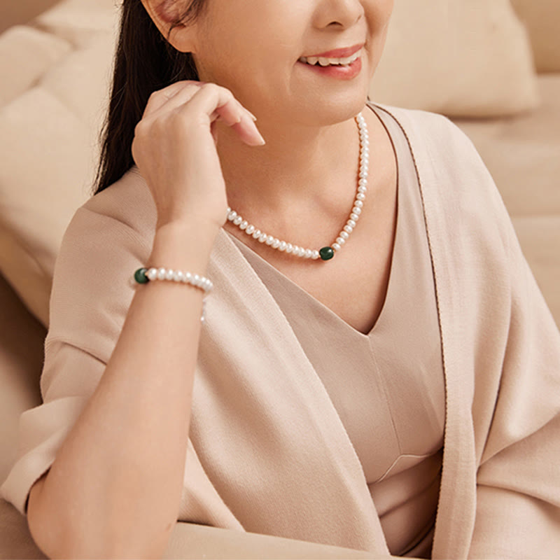 Pearl Hetian Jade & Aquamarine 42cm Necklace Bracelet