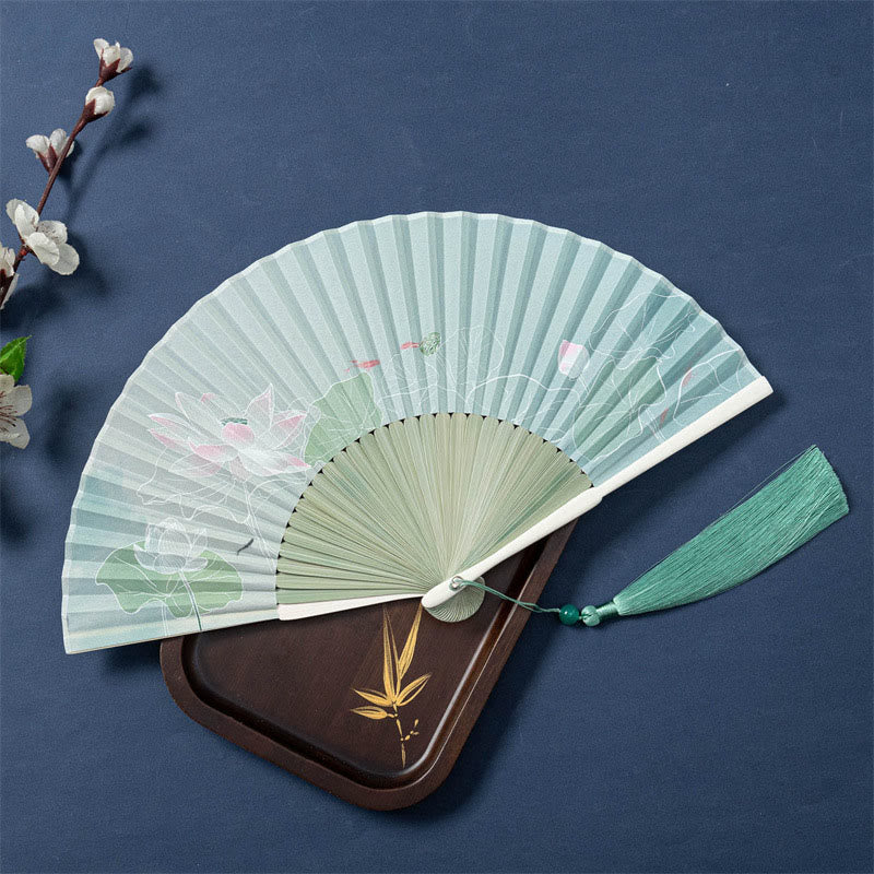21cm Chinese Folding Fan with Lotus Begonia Jasmine Motifs in Bamboo Frame