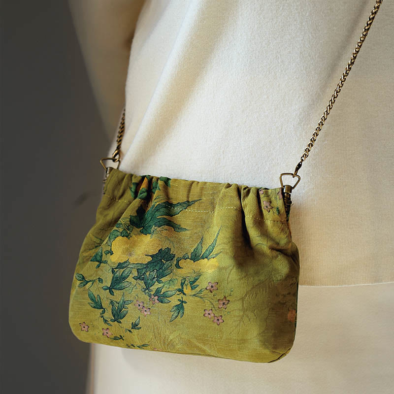 Yellow Green Flower Cotton Crossbody Bag 16x22cm