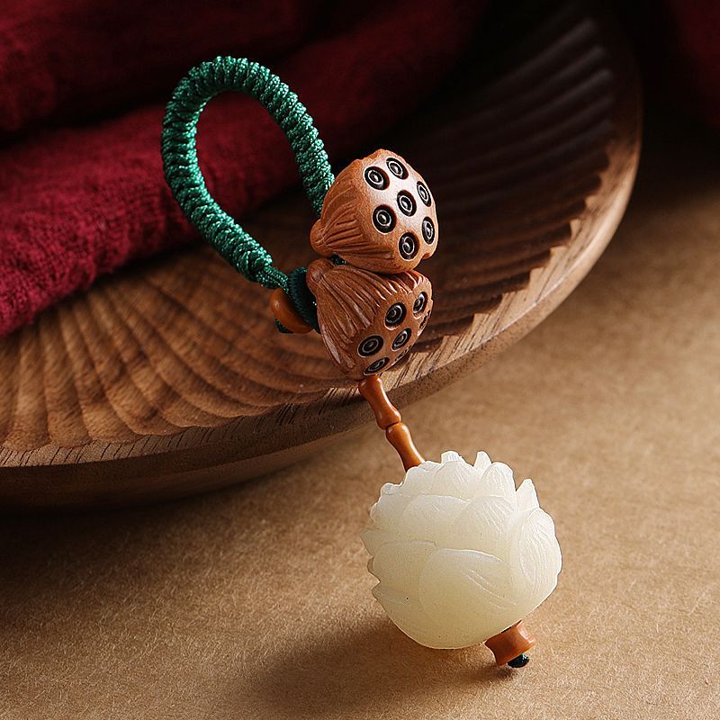 Natural White Bodhi Seed Peach Wood Spiritual Keychain