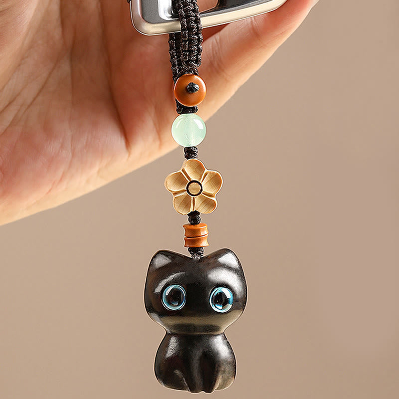 Ebony Wood Lucky Cat Key Chain for Spiritual Peace & Balance