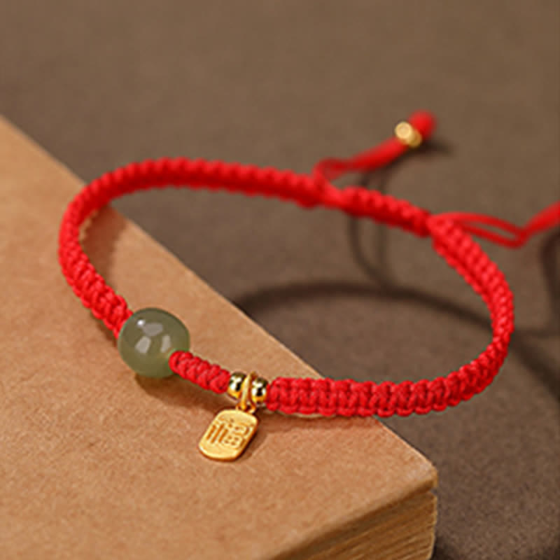 Adjustable 7x8mm Hetian Jade Red String Blessing Bracelet