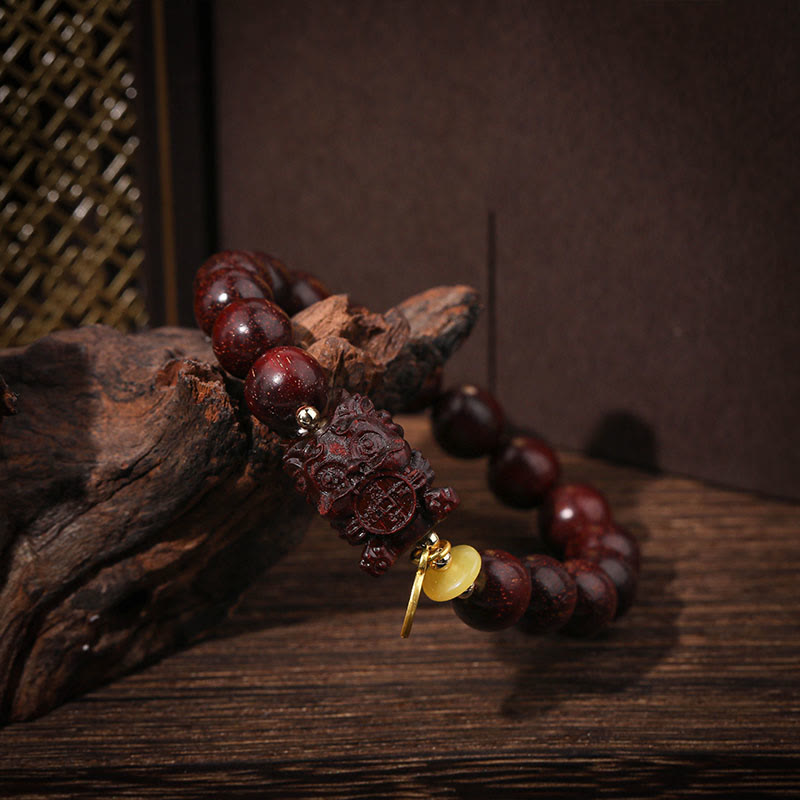 10mm Small Leaf Red Sandalwood Spiritual Bracelet with Gold Swallower Charm for Calm