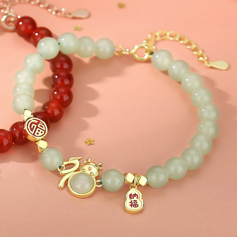 925 Sterling Silver Jade Bracelet with Fu Luck Gourd - Dragon Year