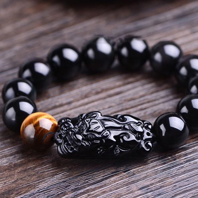 Natural Black Obsidian PiXiu Bracelet 14mm for Strength