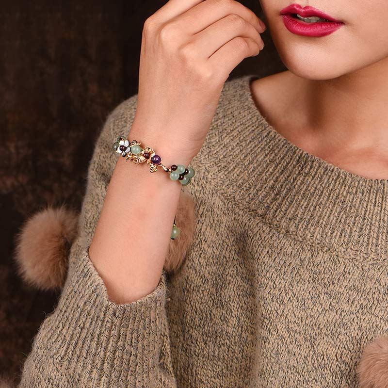 Green Aventurine & Garnet Luck Bracelet with Flower Petals