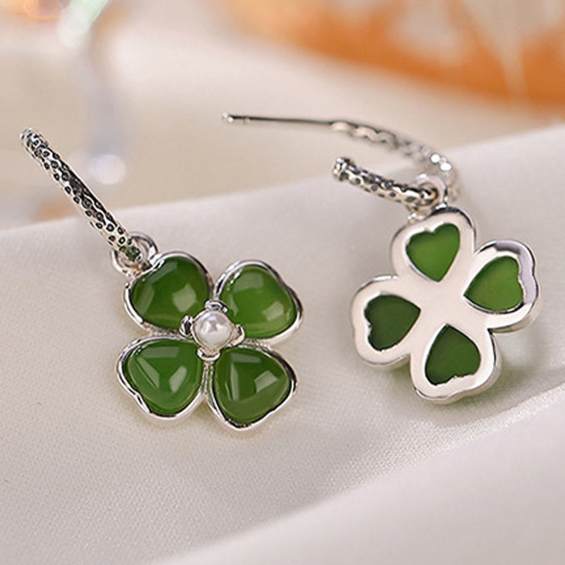 925 Sterling Silver Cyan Jade Four Leaf Clover Luck Earrings