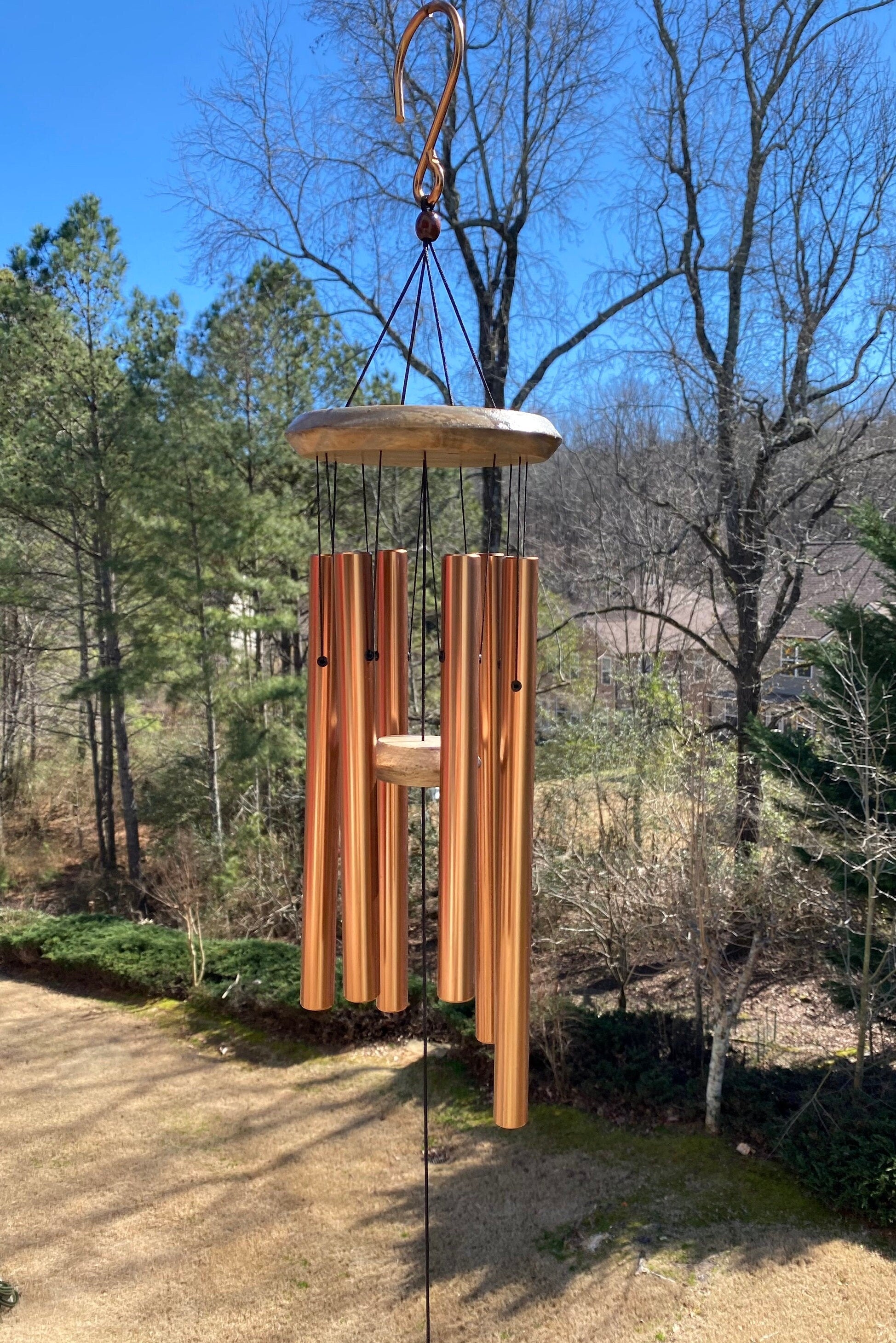 Wooden wind chime with multiple tubes under a circular top, 32’’ Deep Tone Golden Metal