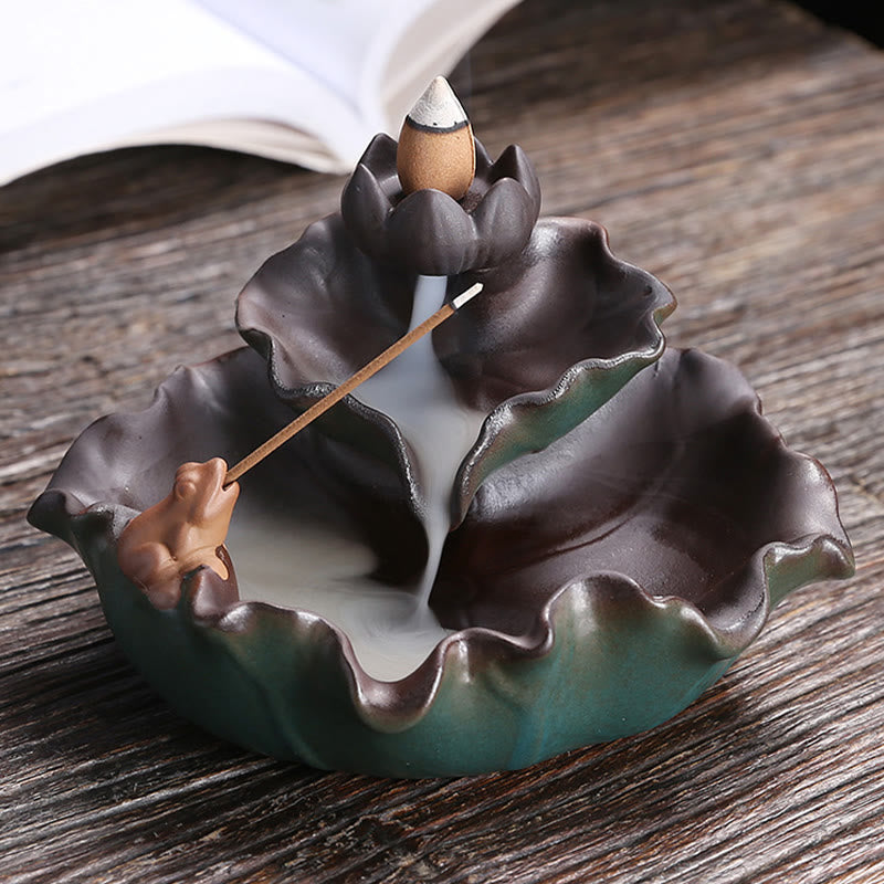 Ceramic Incense Burner Lotus Flower Frog Butterfly Decor